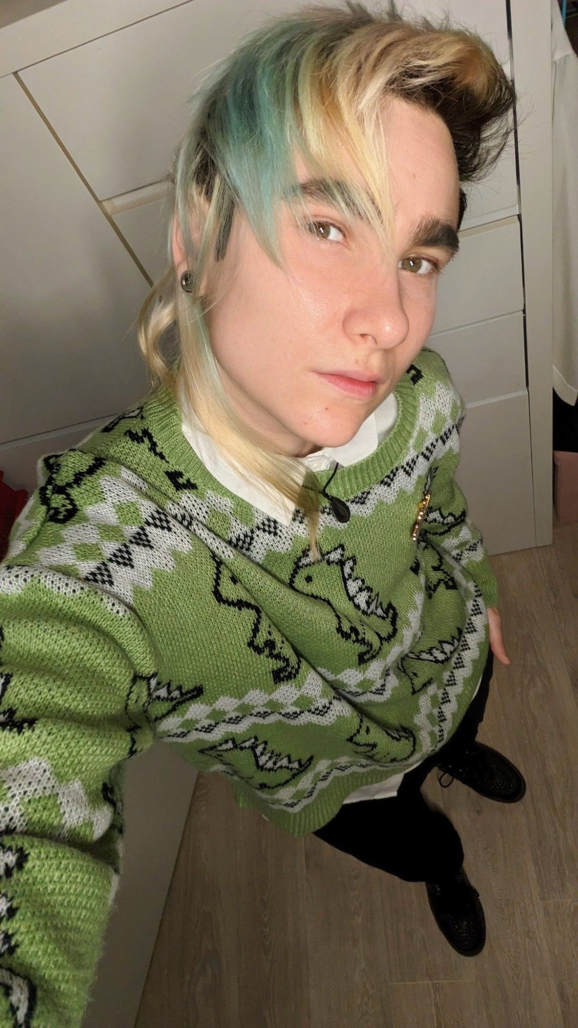 Selfie en plongée dans mon appart. Je regarde l'objectif. Je porte une chemise blanche qui dépasse au col et en bas de mon pull vert tendre à motifs dinosaures. Je porte également un pantalon de costume noir retroussé, des chaussettes vert tendre et des creepers noires.