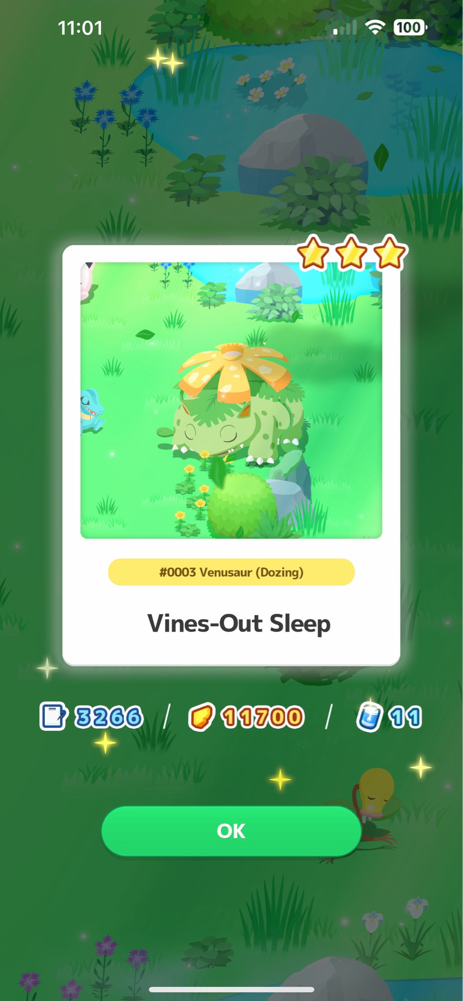 Pokemon Sleep screenshot showing shiny venusaur. 
(It is a three star sleep style, and gives 3266 xp, 11700 dream shards and 11 suicune mane)