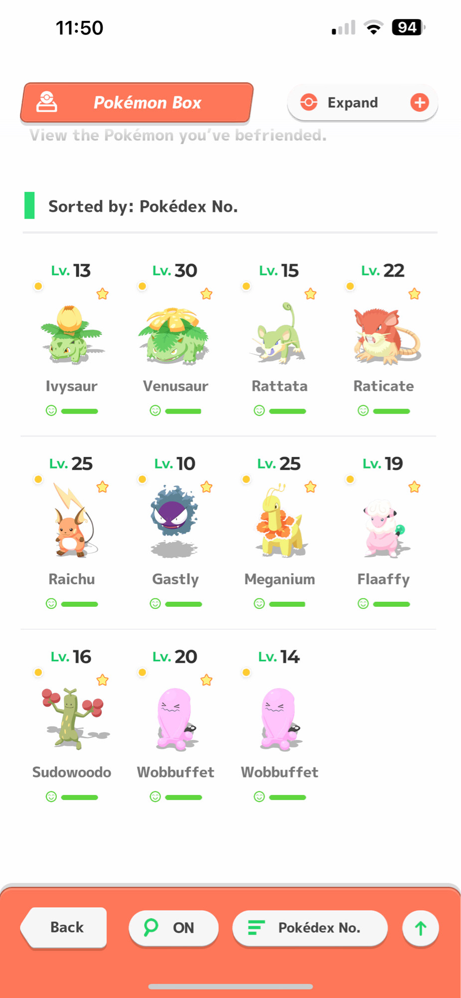 Pokemon Sleep screenshot showing all my shinies in the game. 
I have ivysaur, venusaur, rattata, raticate, raichu, gastly, meganium, flaafy, sudowoodo, and 2 wobbuffet