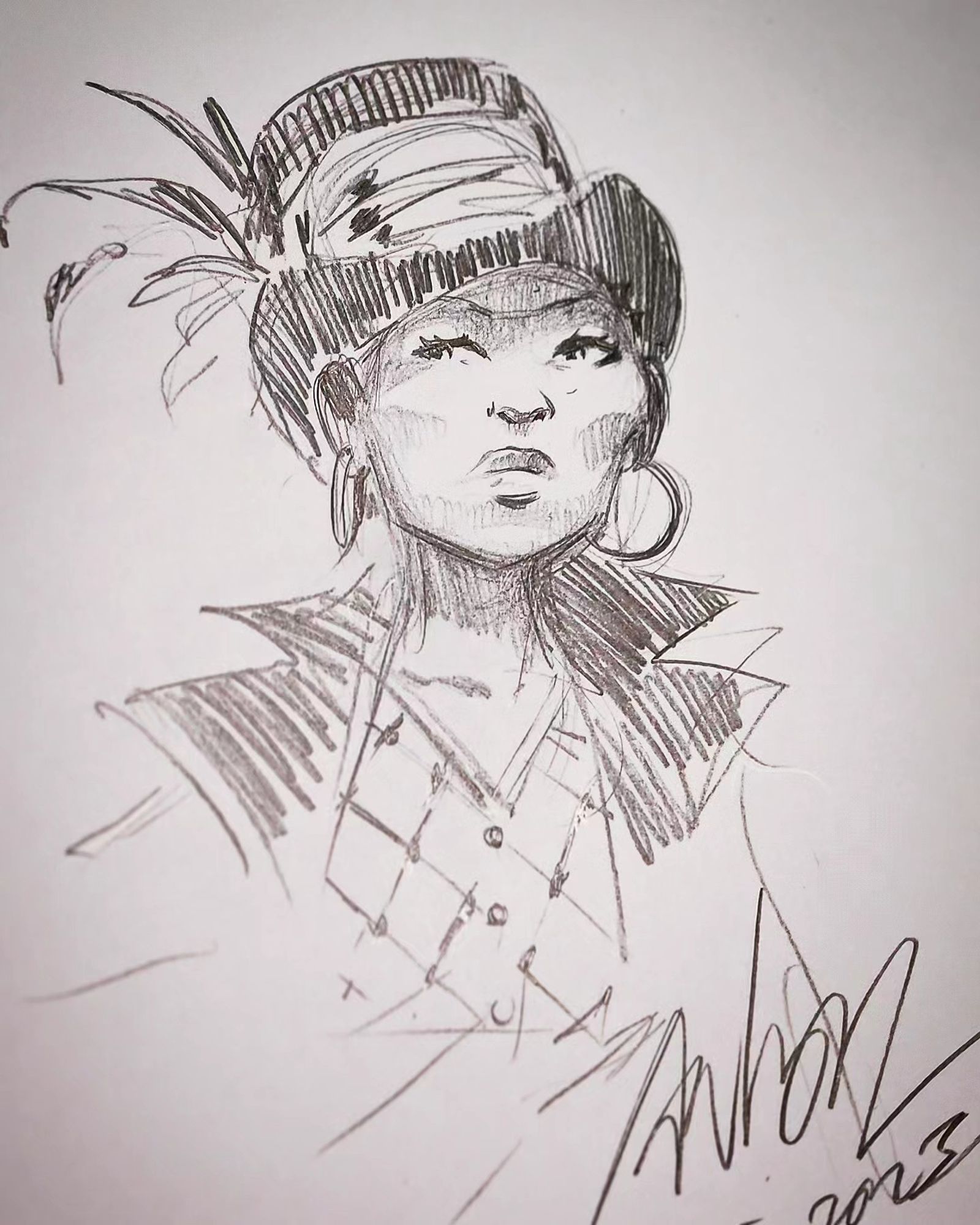 #pencil #sketch of a #lady with earrings and a #featheredhat from the #ladieswithguns #graphicnovel signed by #anlor