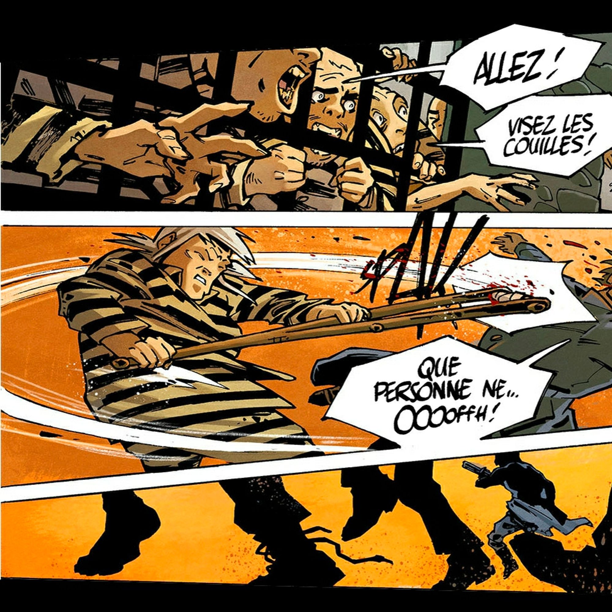 #comic #panels showing a #prisonriot between #men and #women. #orange background