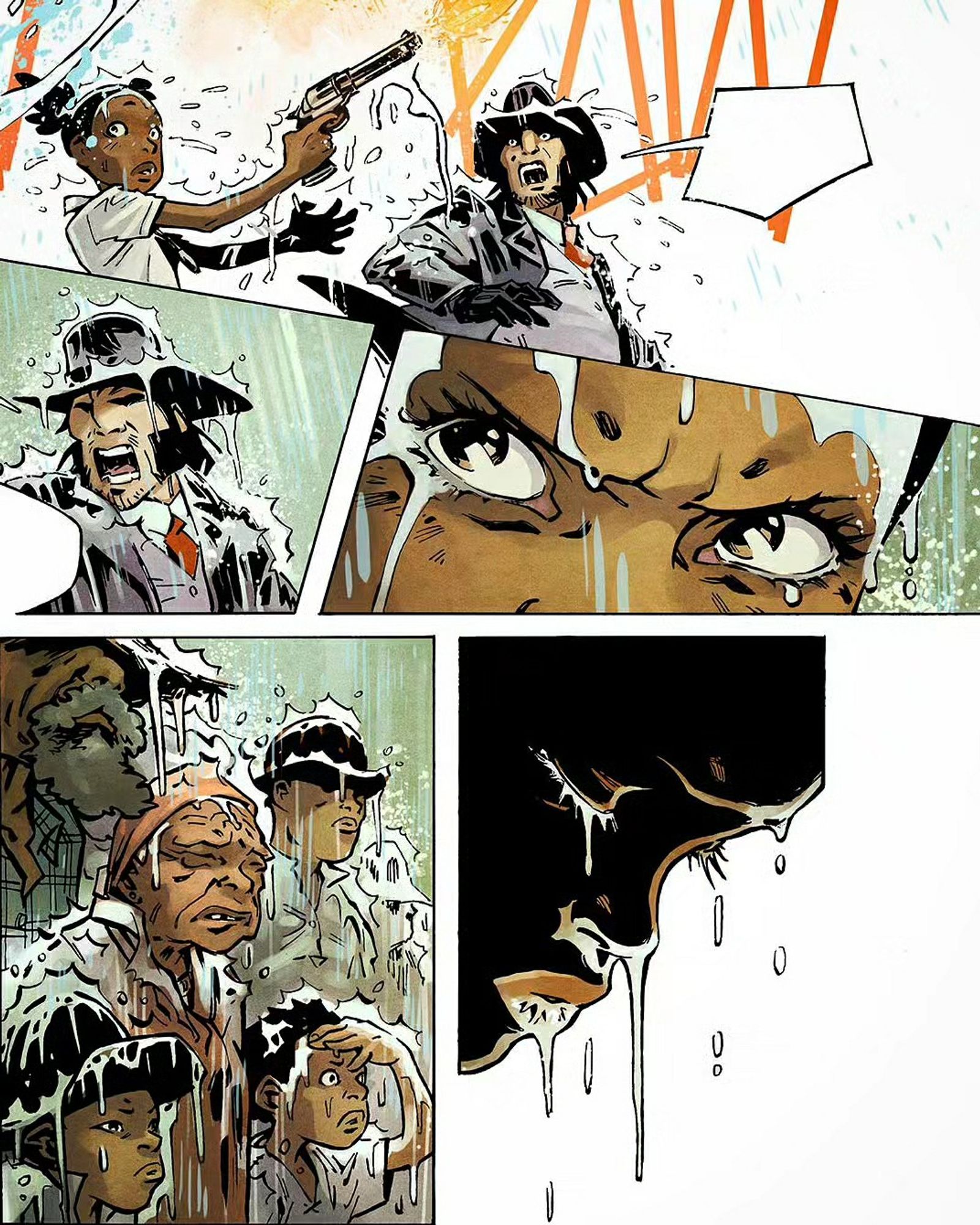 #comicstrip from the #ladieswithguns #graphicnovel: under a pouring #rain, a child with a gun in her hands is being yelled at by a man. Some people are looking at them, waiting. Then she pauses, eyes closed.