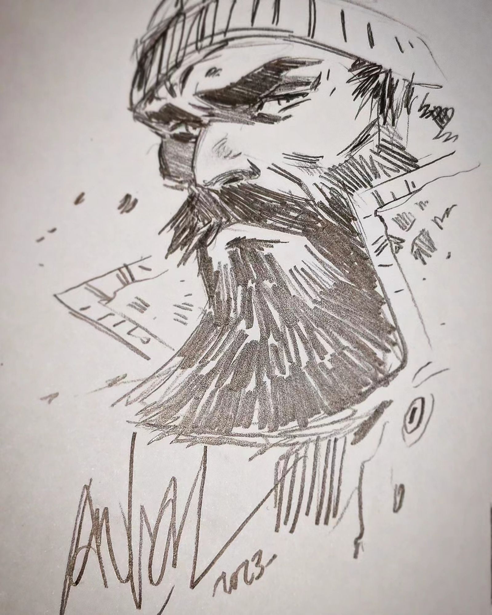 #pencil #sketch of a man with a #beard and a #beanie looking at us. From #frenchcomics signed by artist #anlor