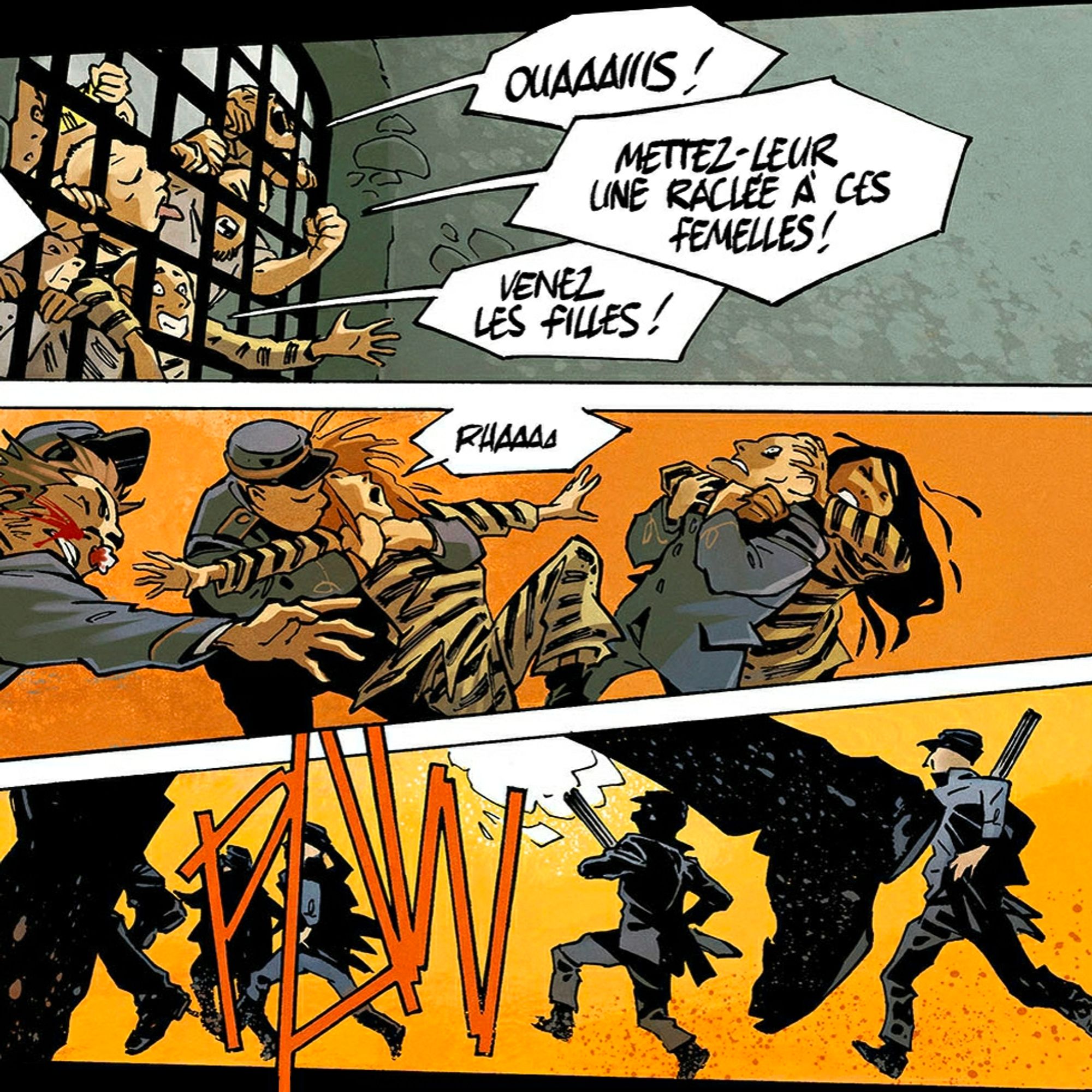 #artwork from a #comic showing #guards and #prisoners brawling. Orange #gunshots and background.