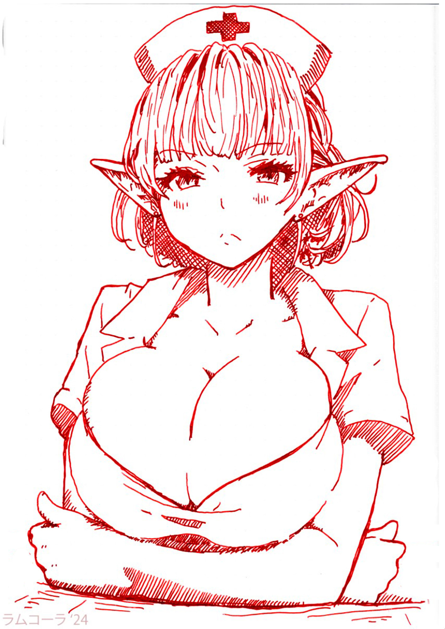 A fountain pen drawing of a pouting elf woman in a "sexy nurse" costume.