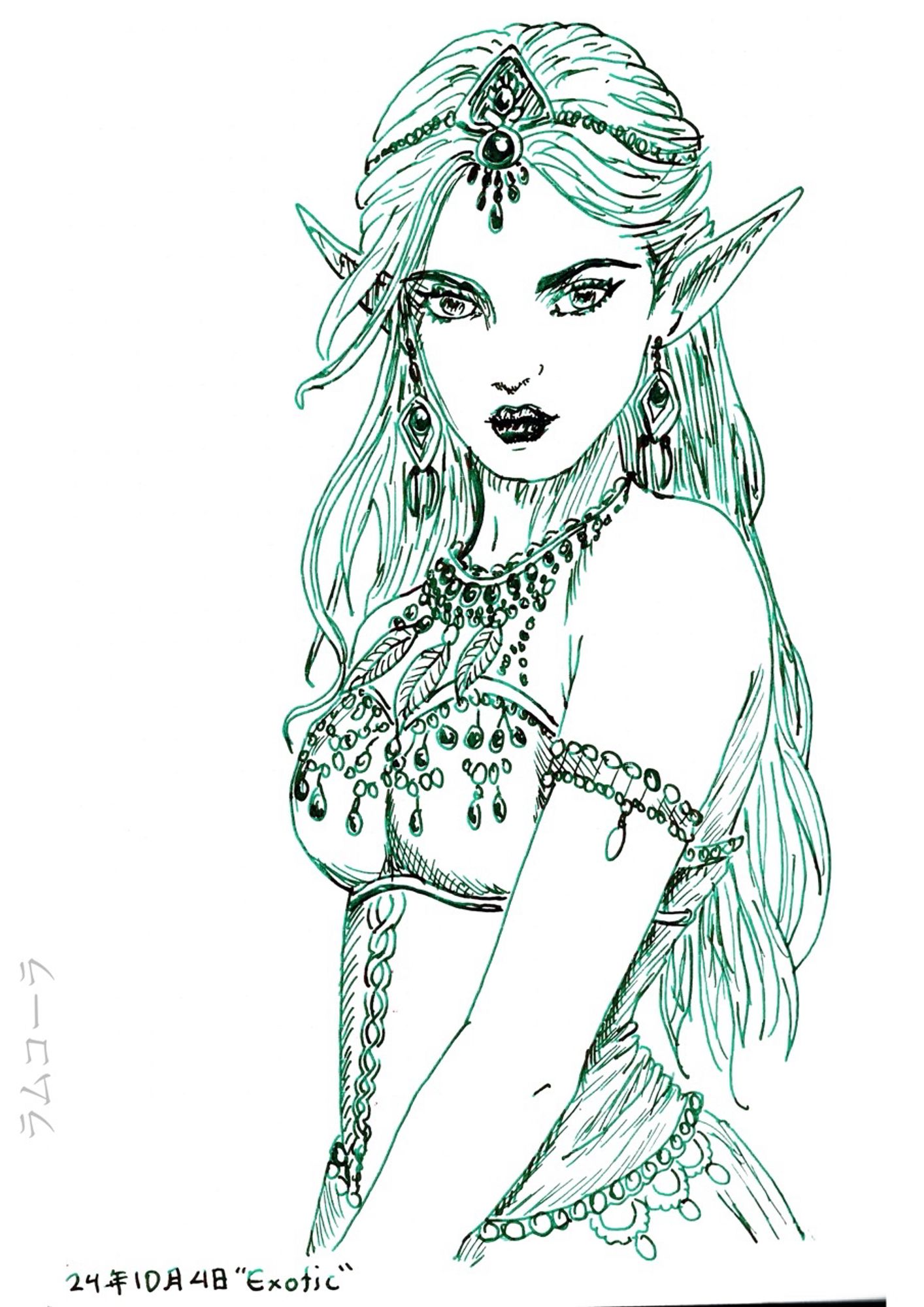 Fountain pen sketch of a female exotic dancing elf