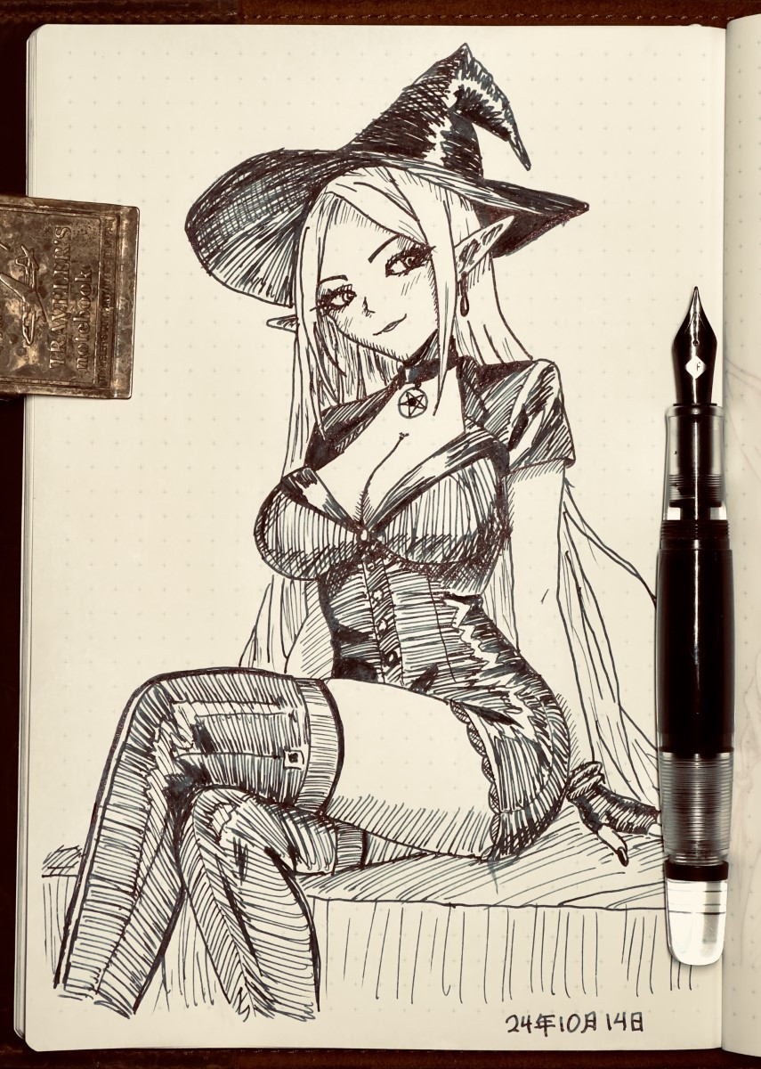 A fountain pen sketch of a sexy female elf witch sitting. Opus 88 Omar pen. Wearingeul Black Dream ink.