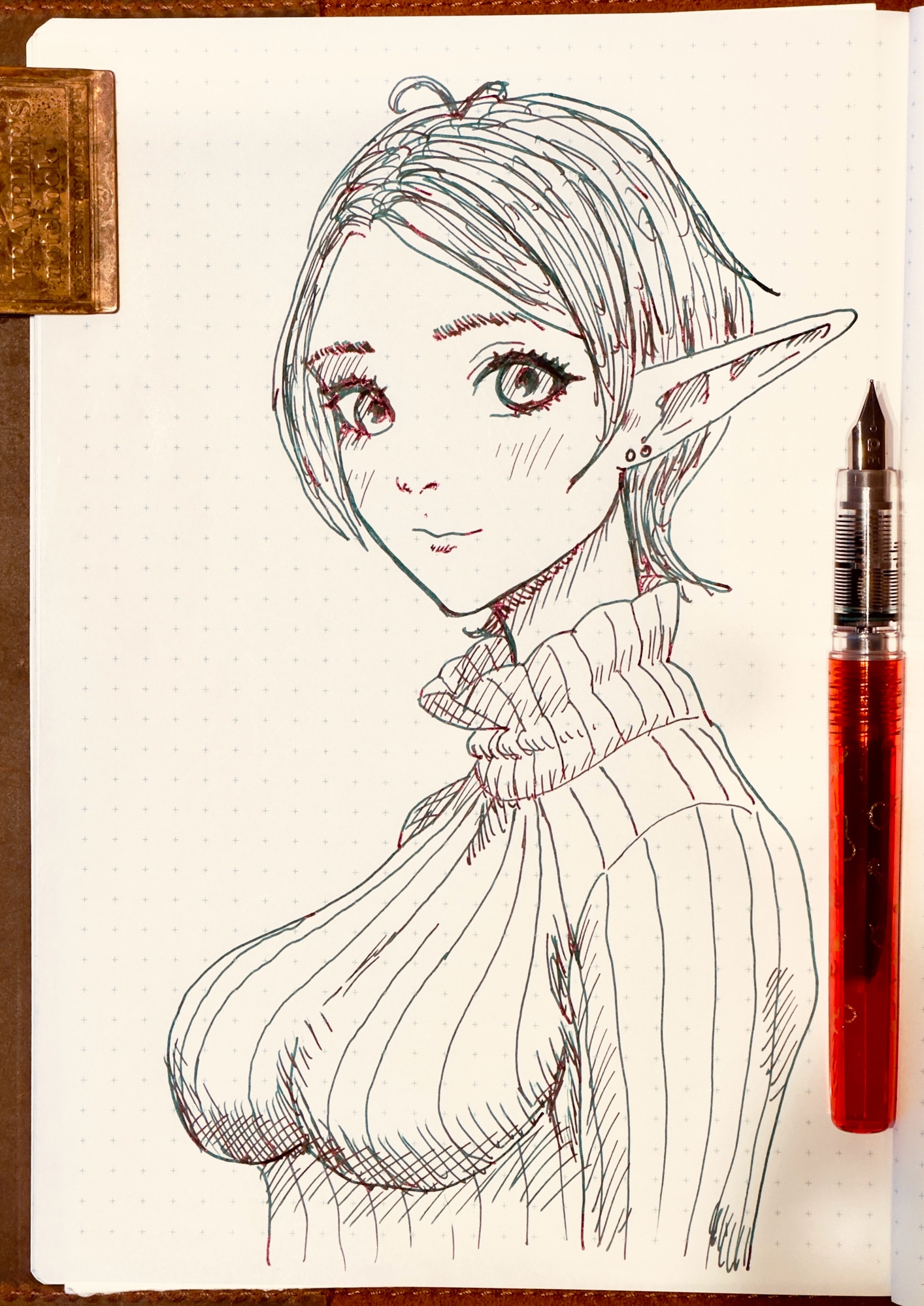 Fountain pen sketch of a pretty elf woman wearing a sweater. Platinum Preppy pen. Wearingeul Brothers Karamazov ink