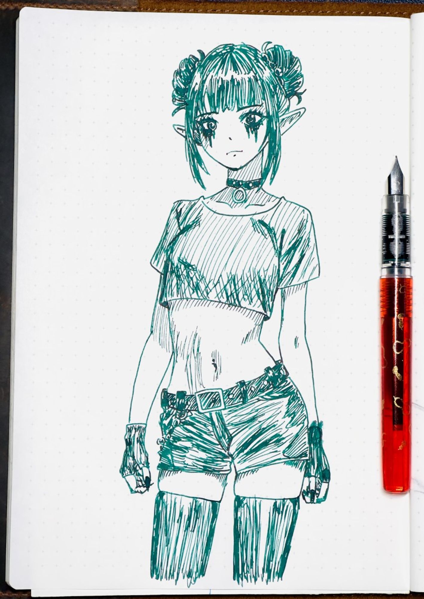 A fountain pen sketch of a cute emo elf girl. Platinum Preppy pen, Wearingeul "The Brothers Karamazov" ink