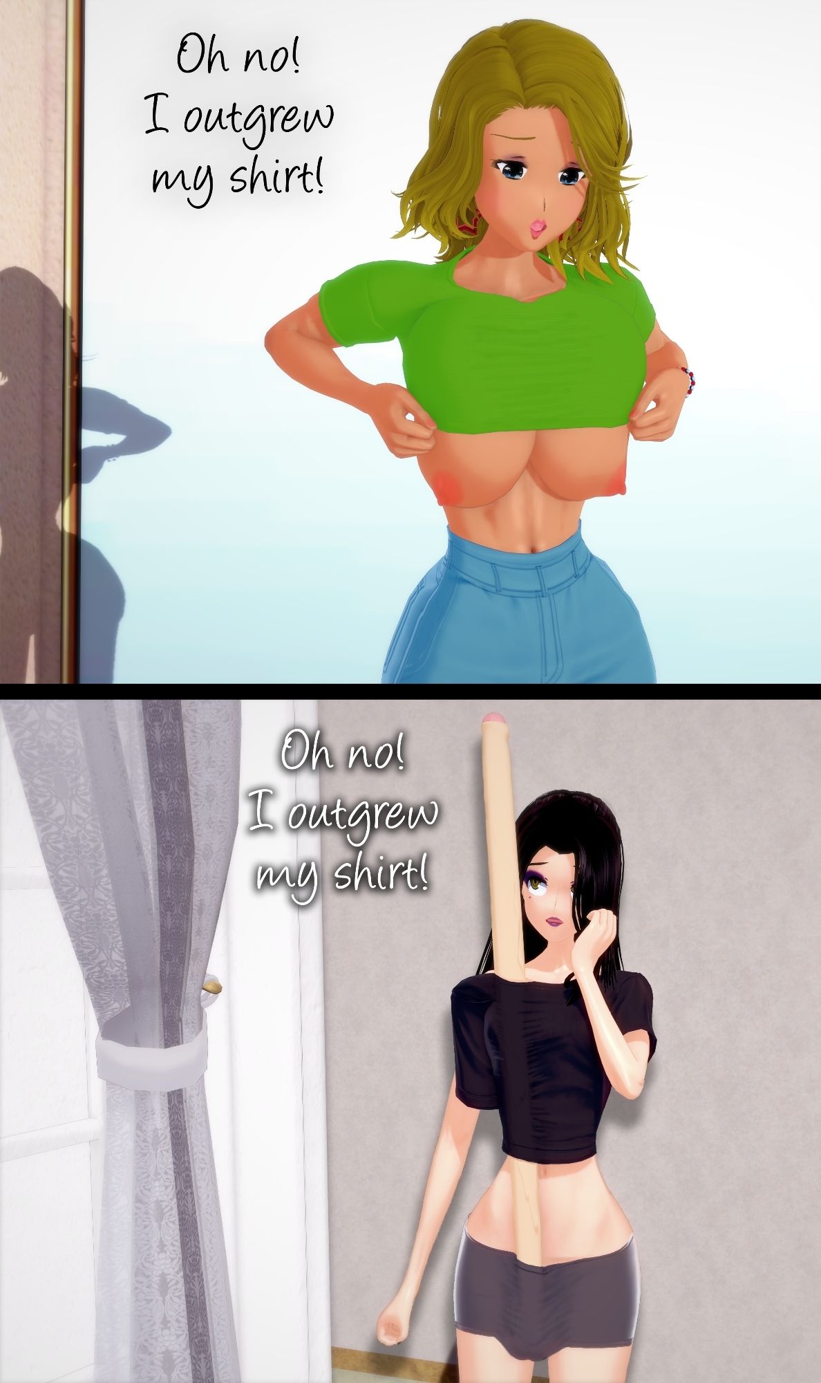 A 2koma featuring two futanari girls. The busty blonde above is trying and failing to stuff her breasts into a green shirt. The skinny black-haired goth below has a massively long straight penis sticking out from her underwear up through her shirt and above her hair. Both images are captioned "Oh no! I outgrew my shirt!"