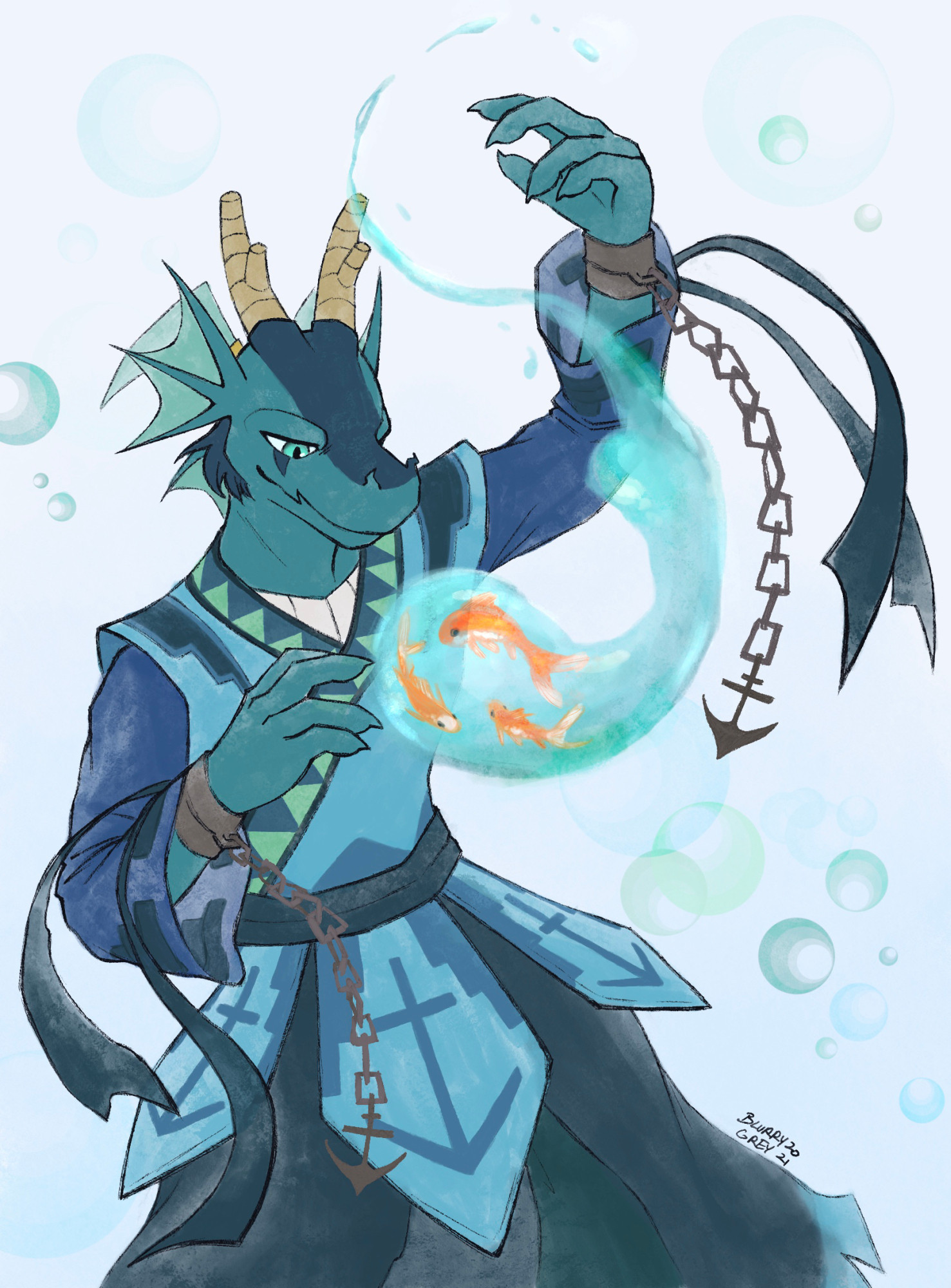 An aquatic dragon controls an orb of water with 3 goldfish inside. He guides them with this hands towards his face, looking at them with a slight smile.