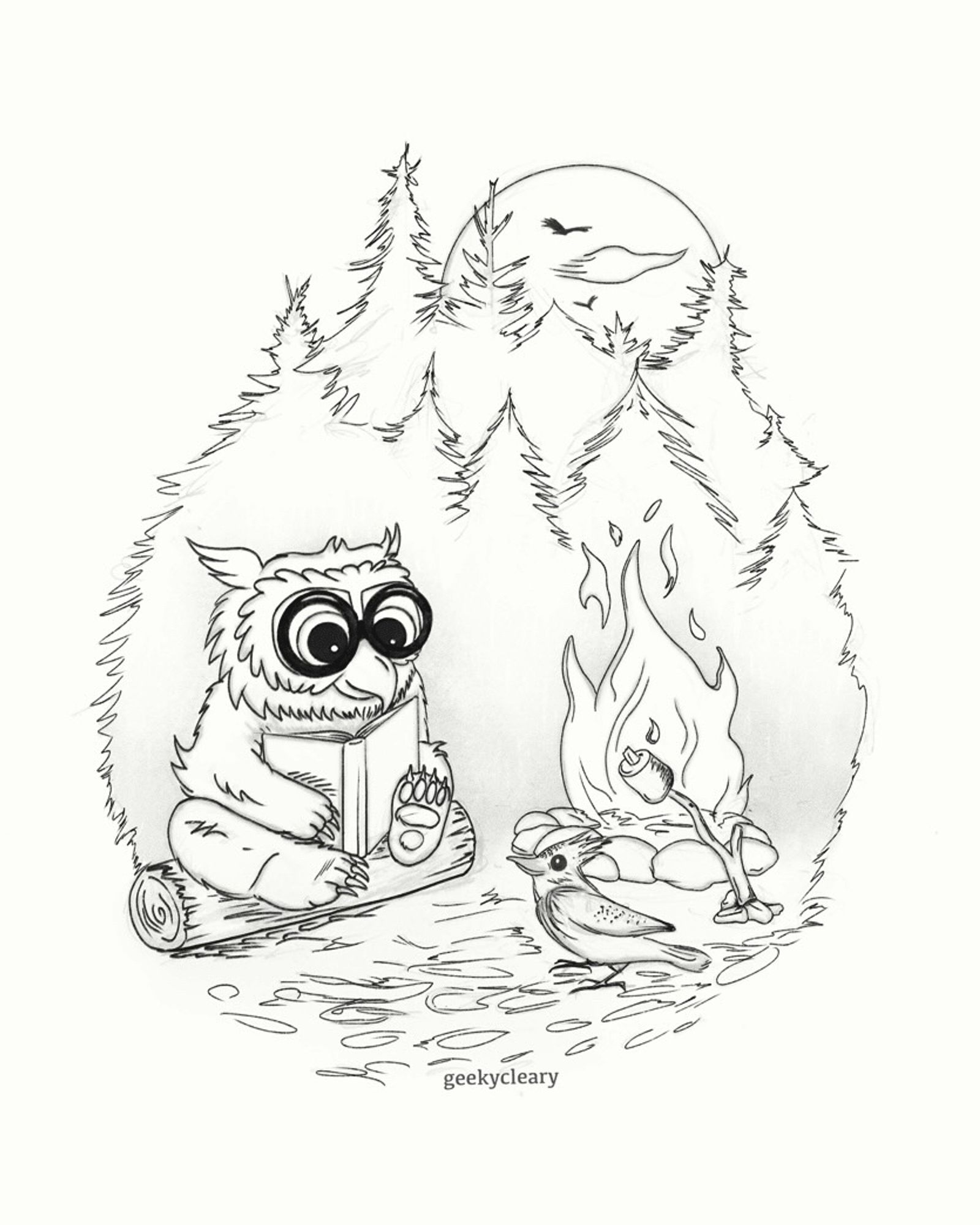 My drawing of a fantasy, autumn forest scene at night. Large pine trees are in the background and birds fly past the moon above while my OC owlbear, Emmy, sits on a log reading a book held in her front paws. The owlbear is facing small campfire to the right of her with a roasting marshmallow on a thin branch stuck in the ground in front of the fire. A small bird sitting nearby on the ground is happily looking towards the book and interested in the story the owlbear is reading. The scene is roughly encompassed in a somewhat oval shape which is surrounded on all sides by the white of the sketchbook it was drawn on. Black and white art by geekycleary.