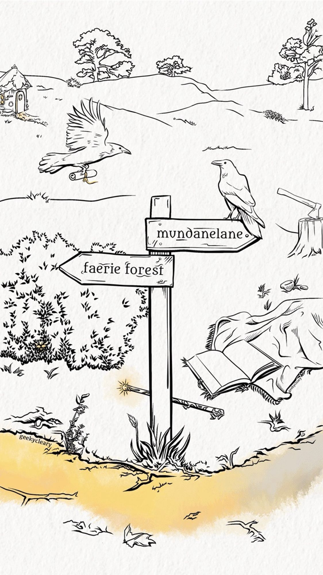 My fantasy scene drawn in Procreate. In the foreground is a sign post with 2 directions. ⬅️ is “faerie forest” ➡️ is “mundanelane”. The signpost is at the Y of a yellow, dirt road. Grass, undergrowth surround the ground below the sign. Directly behind it on the ground is a wizard’s wand, the brightly-lit end is pointing towards faerie forest. On the left, behind the sign is a leafy bush. Hidden at the bottom of which are two tiny yellow eyes, a nose and pointy ears. On the right behind the sign is a fluffy, rumpled blanket with a book on it left open. Sparse grass, roots & rocks pushed aside sit around them. Further back behind the blanket is a tree stump with an axe. Its point stuck in the center. Perched on the edge of the right sign is a crow looking towards a second crow flying in from the left carrying a small, rolled letter. Low hills & 3 trees are in the background. A small faerie house is in the top left. This art by geekycleary is black & white with gold accents.