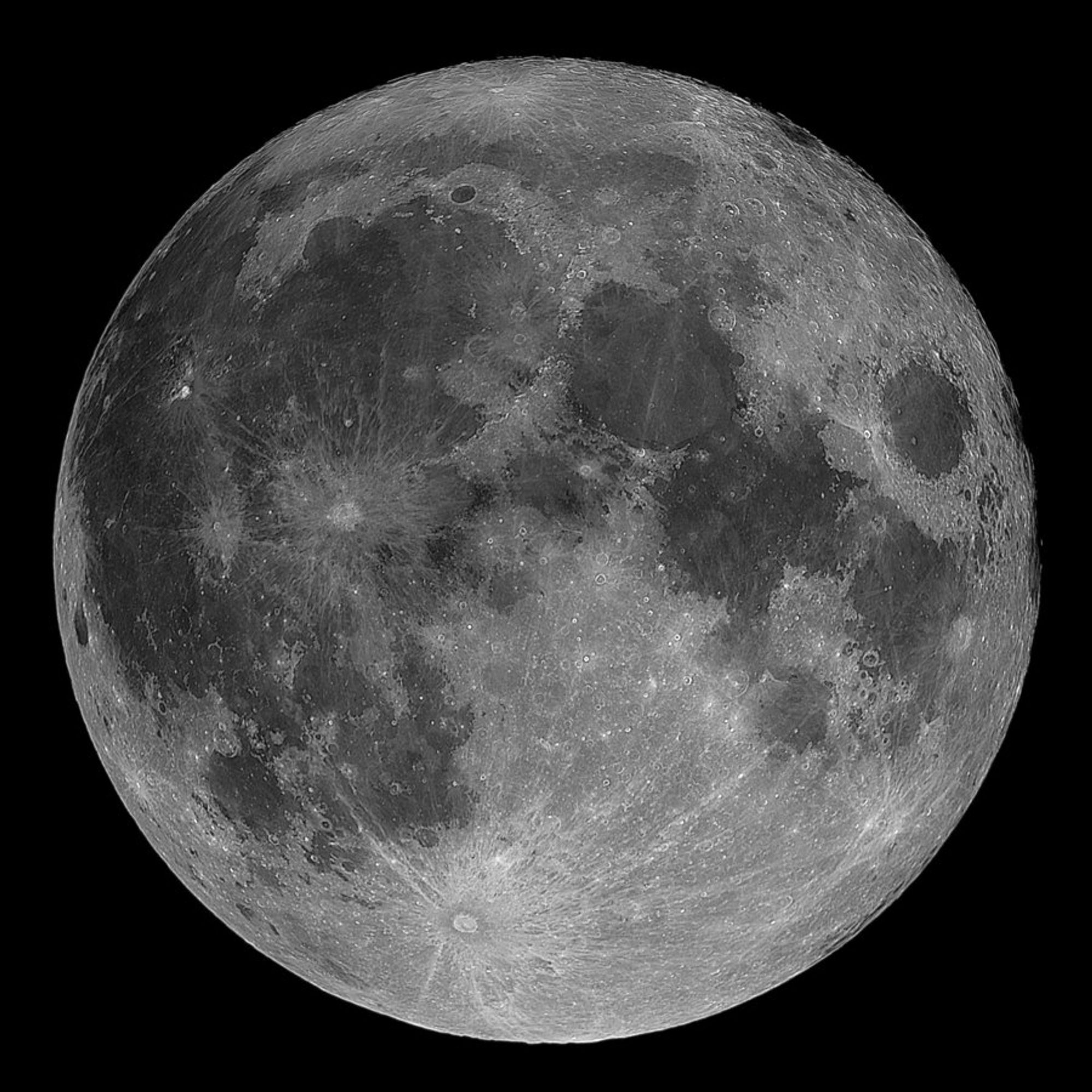 The moon seen from approximately 35 deg N latitude. The large Tycho crater appears near the bottom, center left.