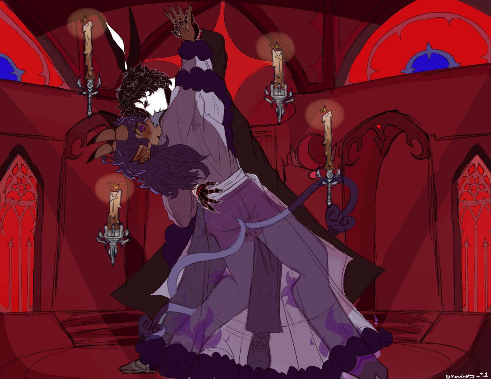 Two characters, dancing in a room around candles in the dim light of a blood moon.