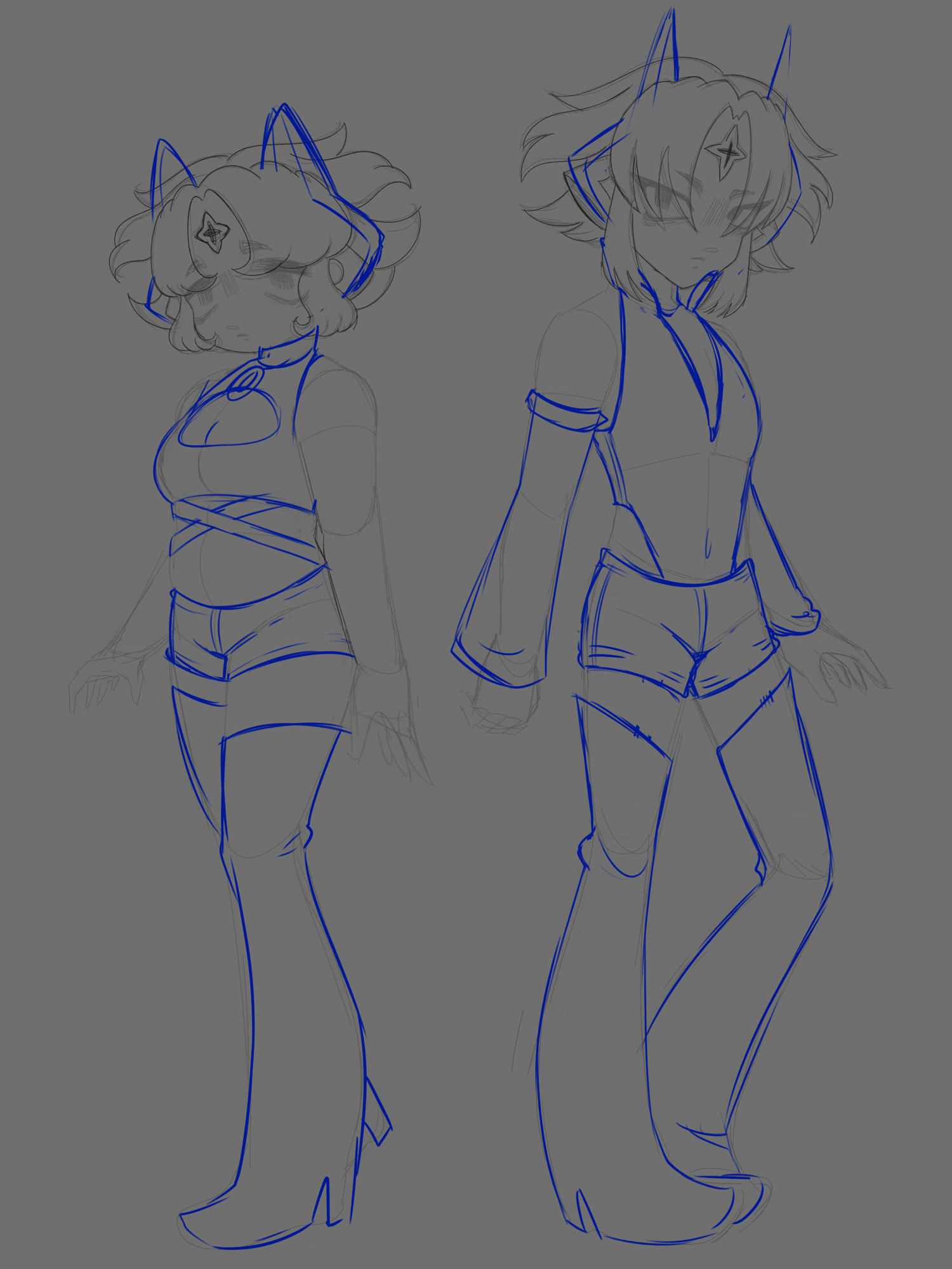 Both versions of RINNILOID pose facing away from eachother. They’re both wearing a similar ensemble, this time a little more risque. Their ears are fashioned into horns this time.