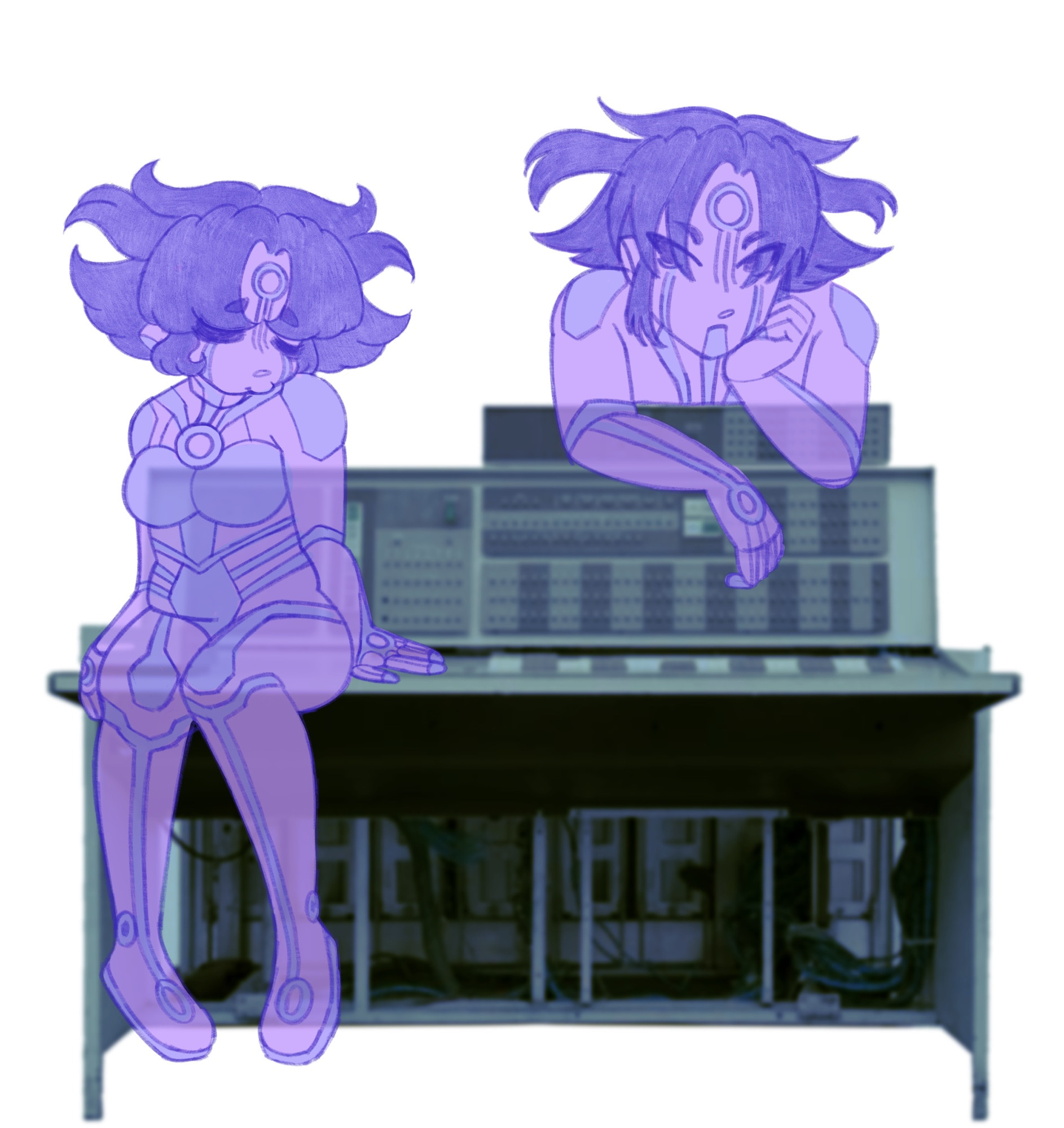 Both versions of RINNILOID, as their beta designs, recline on an IBM 7094, the first computer to sing.