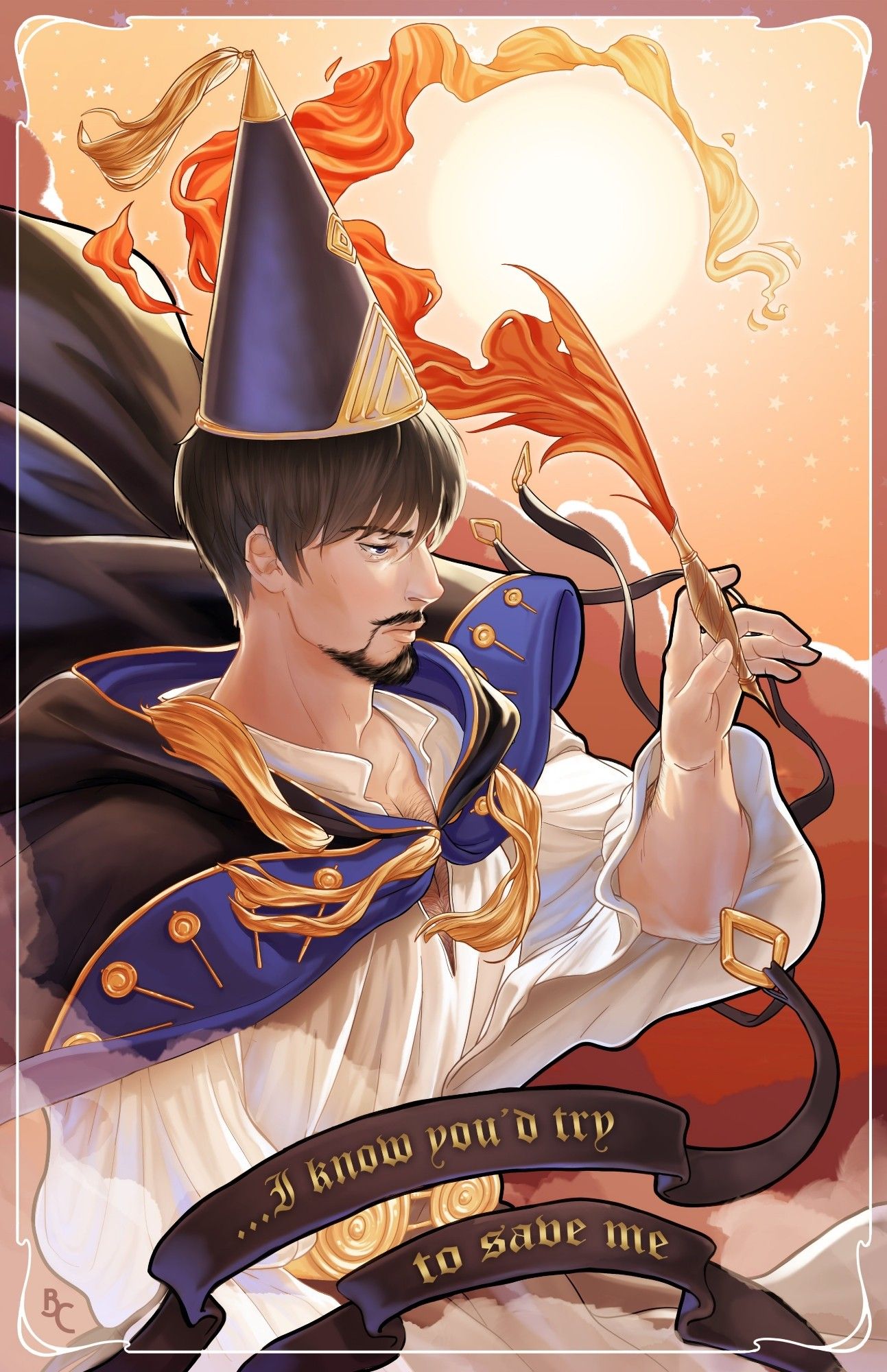 An illustration of olruggio from witch hat atelier holding a pen with a fire quill with the quote "i know you'd try to save me" written on a ribbon.