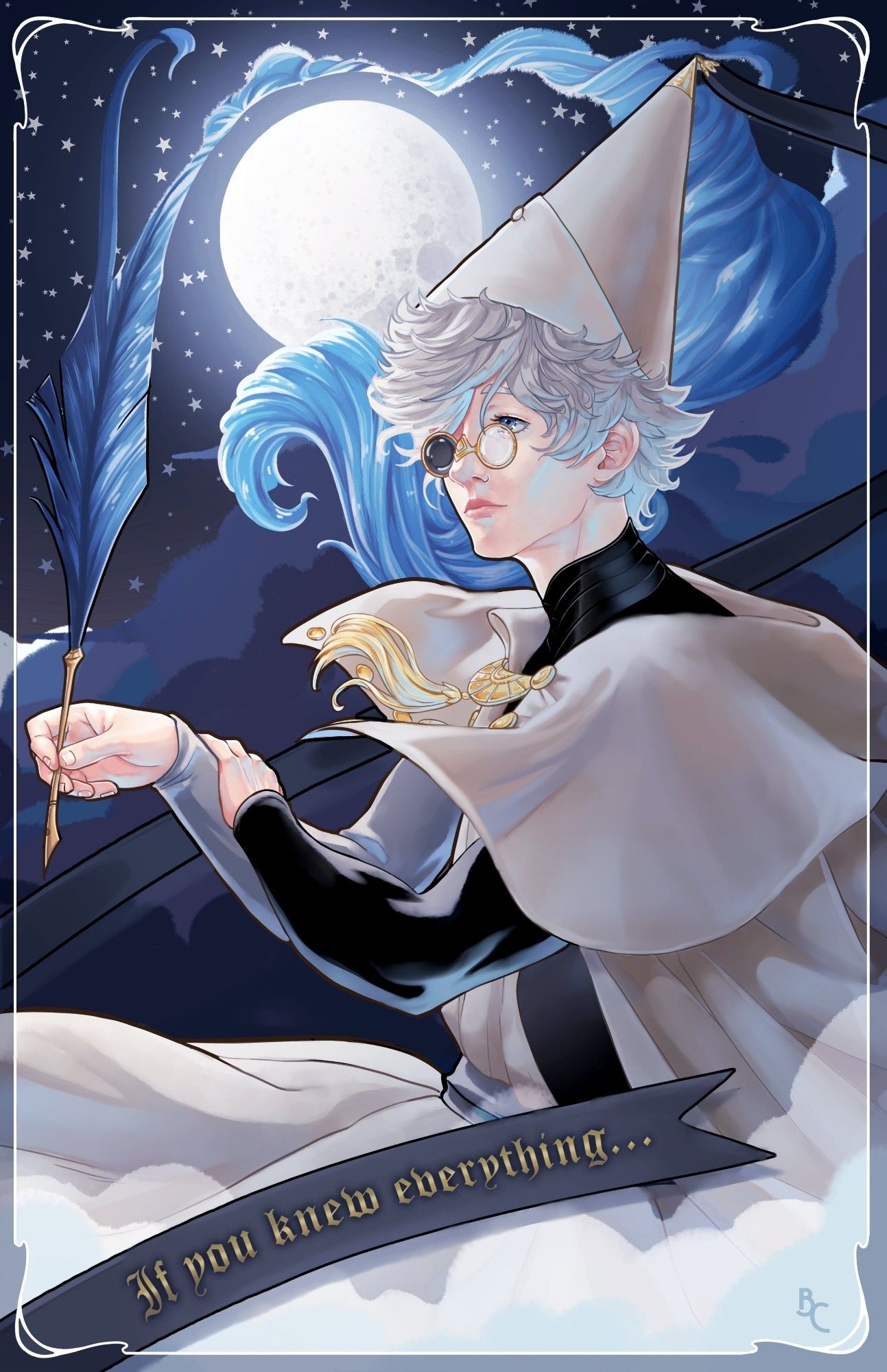 An illustration of qifrey from witch hat atelier holding a pen with a quill made of water with the quote "if you knew everything..." written on a ribbon.