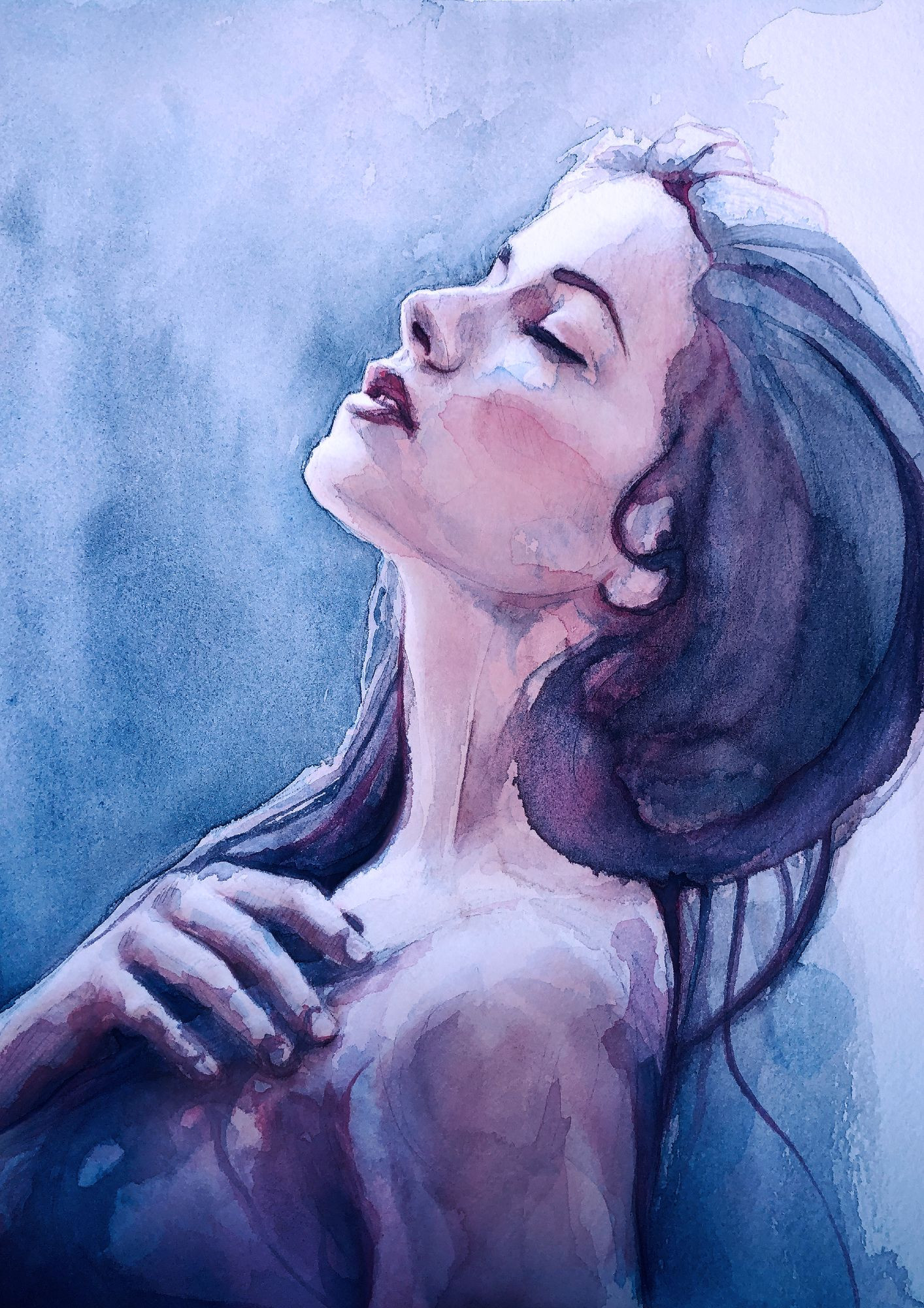 Watercolor of a woman with her head tilted back, eyes closed, and a calm expression.