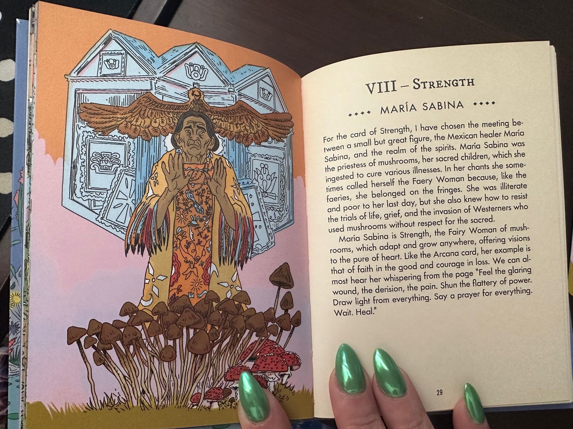 The book description of the card and its meaning. The image of the card is on the left page, and the card meaning is on the left page. Image description in the comments below due to length.