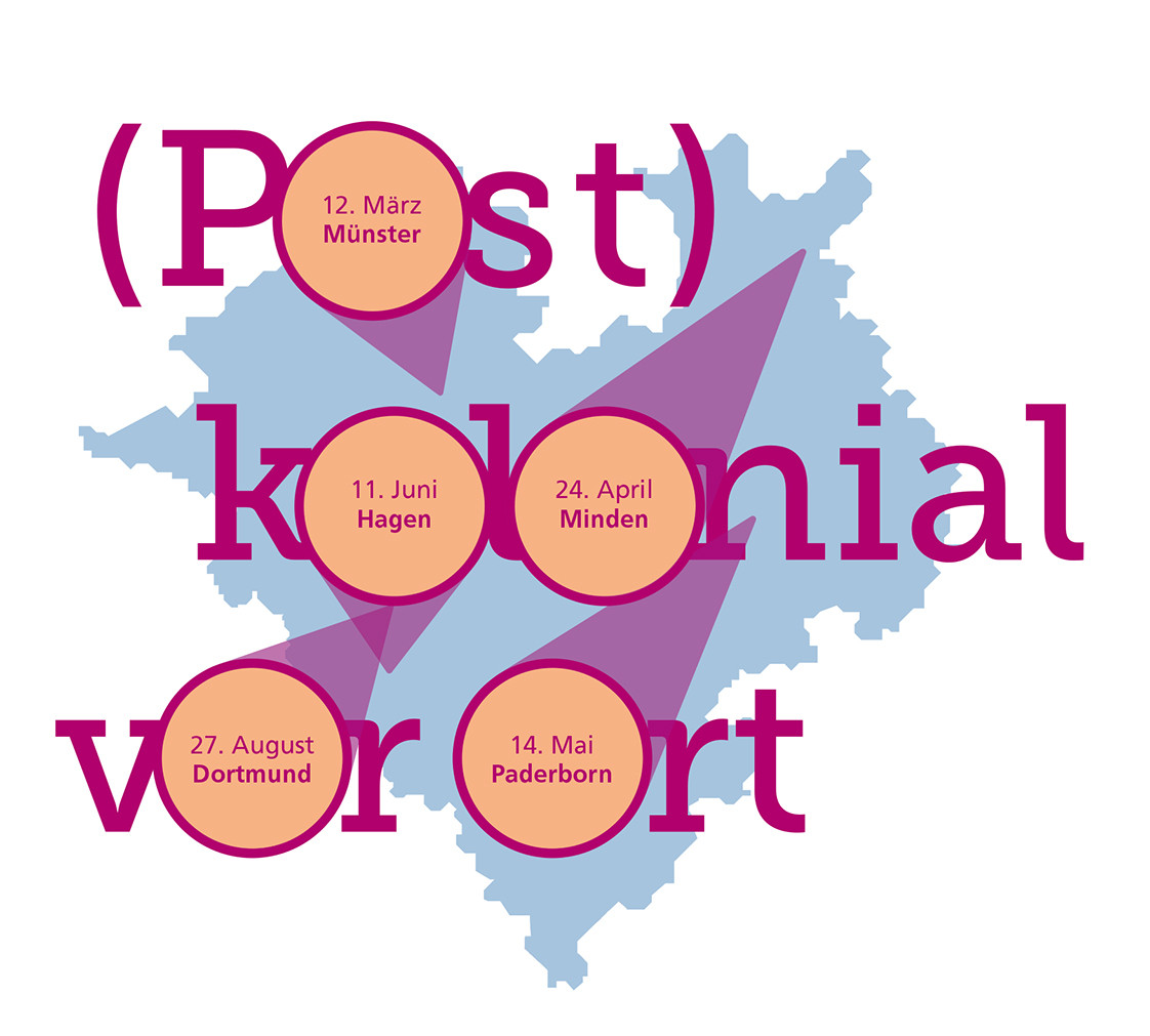 Bildmarke der Veranstaltungsreihe „(Post)kolonial vor Ort – Regionale Perspektiven auf eine Problemgeschichte der Gegenwart“: Der Titel dreizeilig im Vordergrund vor einem herzförmigen Umriss Westfalens. In jedem Buchstaben „o“ ist einer von insgesamt fünf Terminen der Reihe abgedruckt.
Die Podiumsdiskussion "Kolonial - Postkolonial - Neokolonial. Antikolonialer und antirassistischer Aktivismus in Deutschland" im Allerwelthaus in Hagen wurde vom LWL-Institut für westfälische Regionalgeschichte in Kooperation mit der FernUniversität Hagen veranstaltet. Weitere Informationen unter www.lwl-regionalgeschichte.de/de/veranstaltungen/postkolonial-vor-ort/