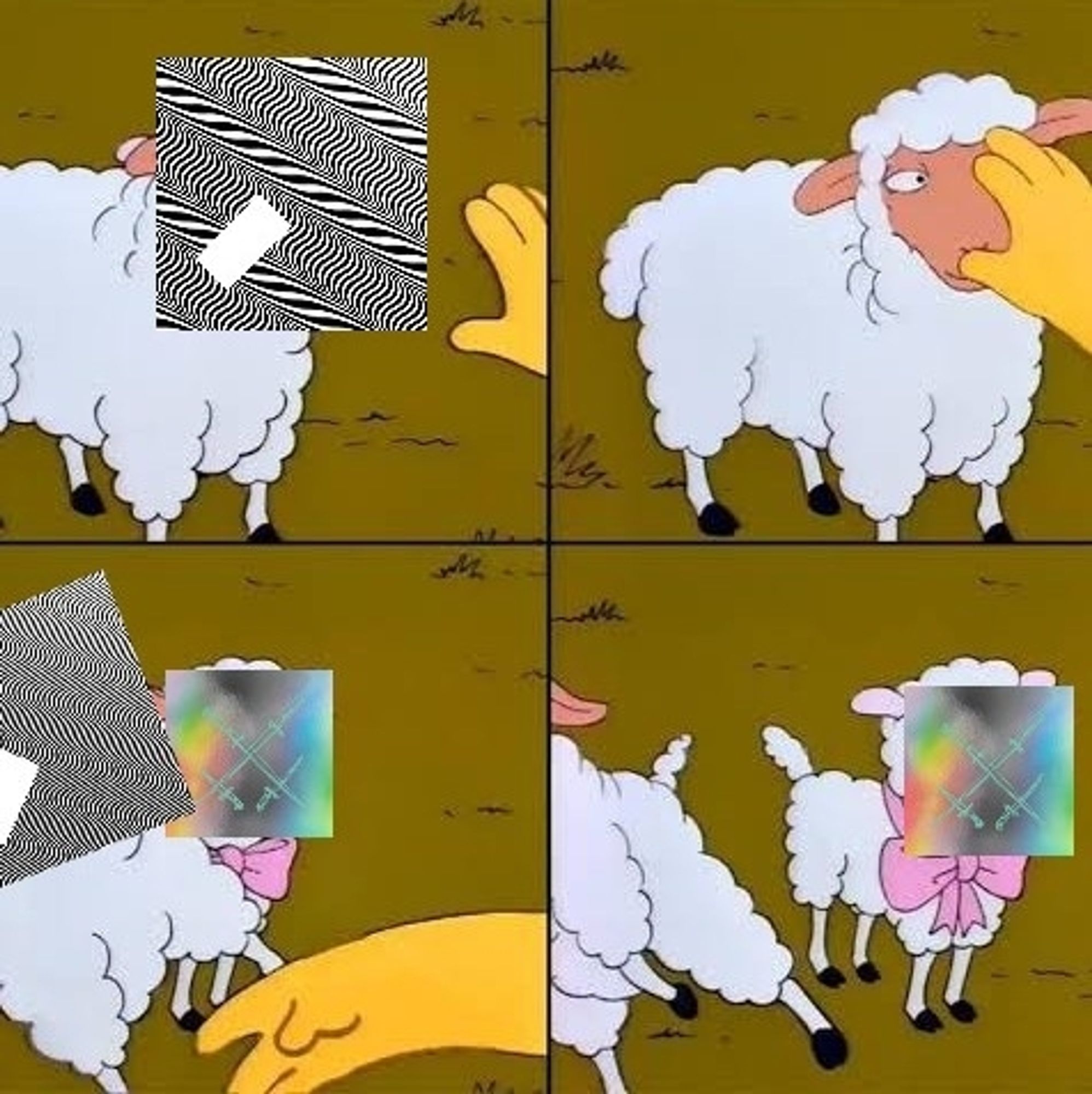 four-panel sequence of Homer Simpson pushing a lamb (Jamie xx's 'Waves') out of the way of a smaller, cuter lamb (Xiu Xiu's '13" Frank Beltrame Italian Stiletto with Bison Horn Grips').

i spent too long on this.