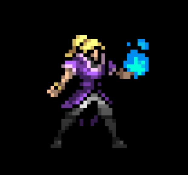 a video game pixelated character. a blonde woman in a purple witch top with grey pants and boots, wielding blue magic. 