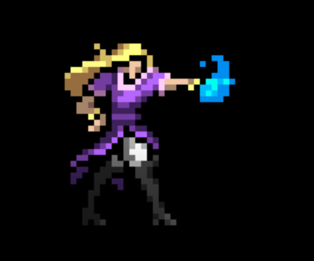 a video game pixelated character. a blonde woman in a purple witch top with grey pants and boots, pointing ahead shooting blue magic. 