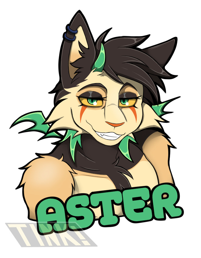 A bust badge of Aster. They're donning a sly grin