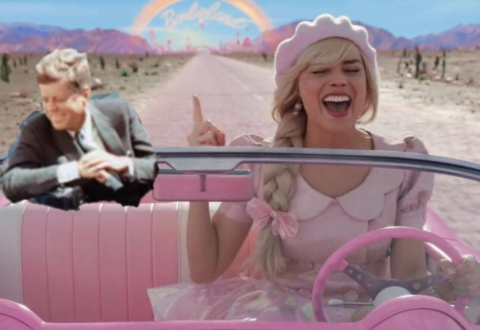 JFK riding in Barbie's car. it's a convertible. i think the rest explains itself 