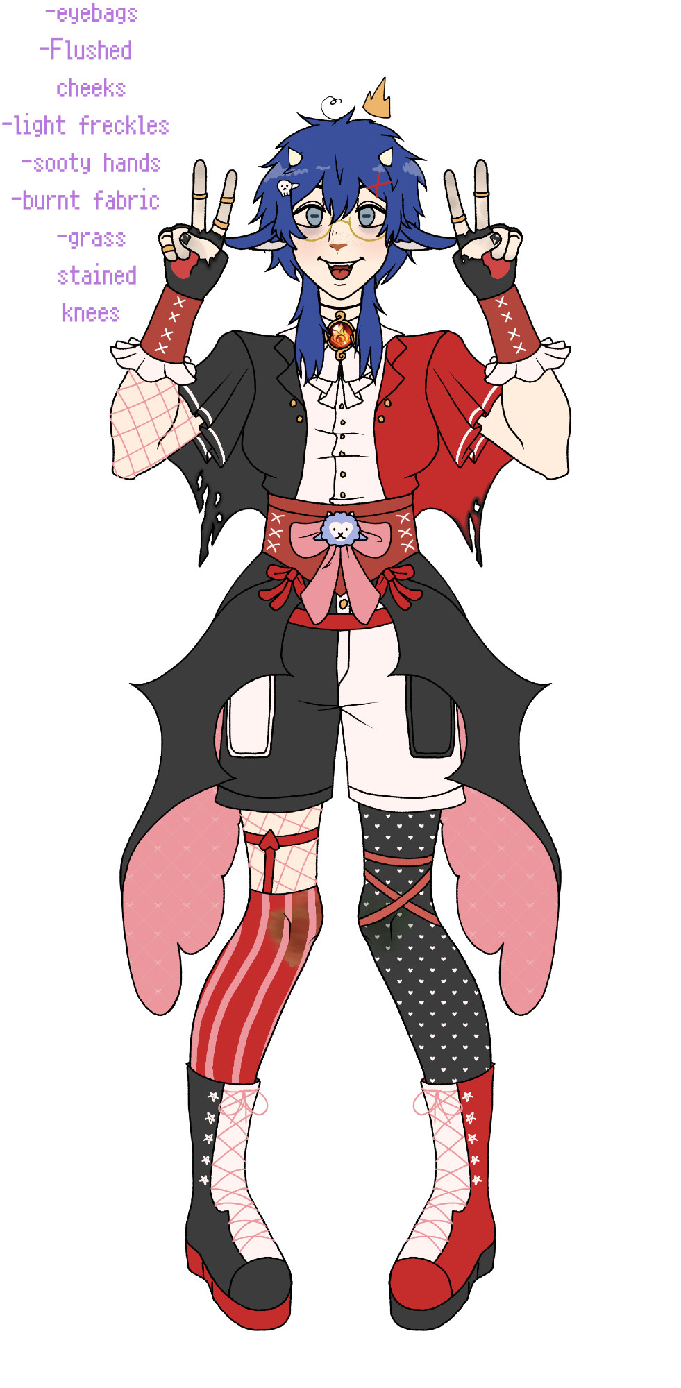 A digital art piece unshaded of my genshin persona with blue hair and sheep features. Red, black and red being the primary clothing colors. A cape like shirt, small corset, shorts, bat and fluffy like tailcoat, uneven stockings, and boots