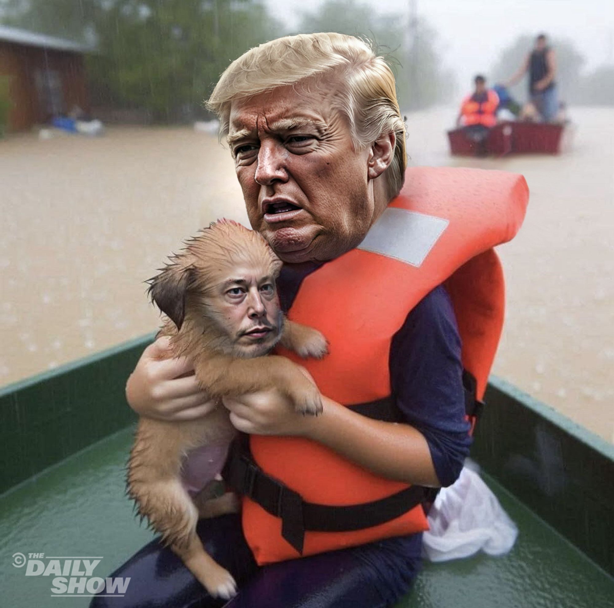 This is an AI generated photo of Trump in a life raft holding a puppy he saved whose face is Elon Musk