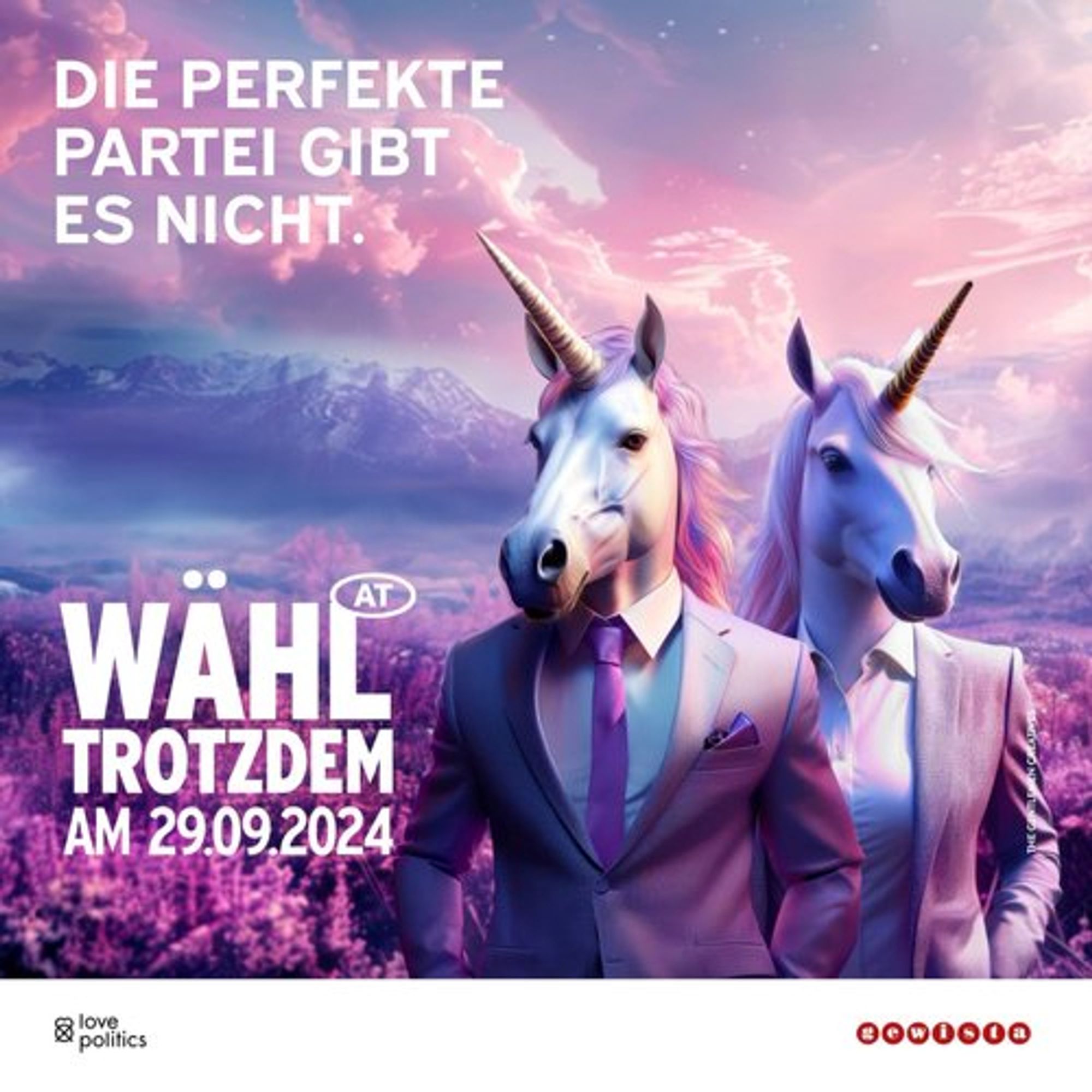 Ein Bild einer Werbekampagne von Love Politics. Man sieht 2 Einhörner in Menschengestalt mit Anzug. Dazu der Text:
Die perfekte Partei gibt es nicht. Wähl trotzdem am 29.09.2024.