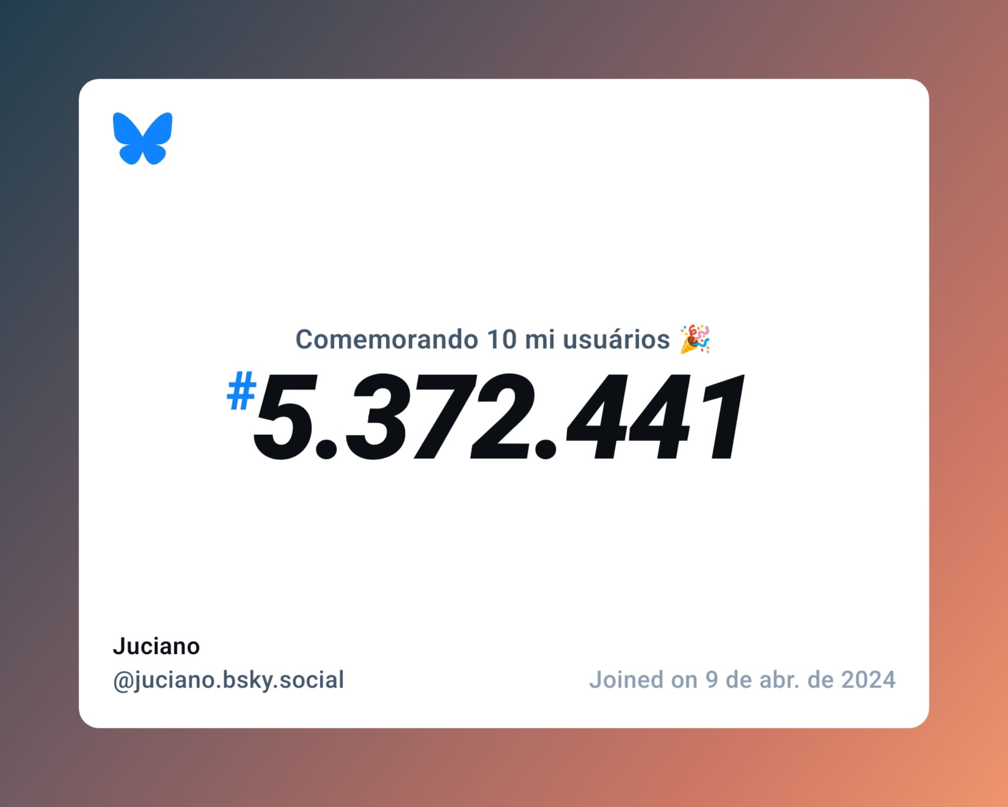 Um certificado virtual com o texto "Comemorando 10 milhões de usuários no Bluesky, #5.372.441, Juciano ‪@juciano.bsky.social‬, ingressou em 9 de abr. de 2024"