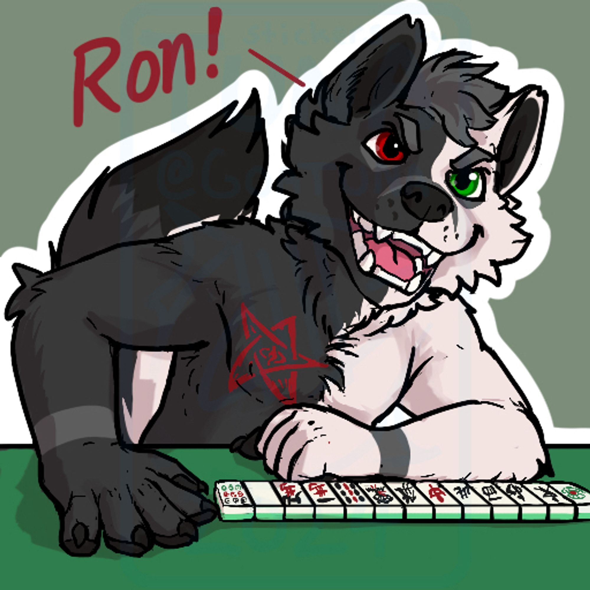 White and grey fox playing Mahjong, calling out “Ron!”