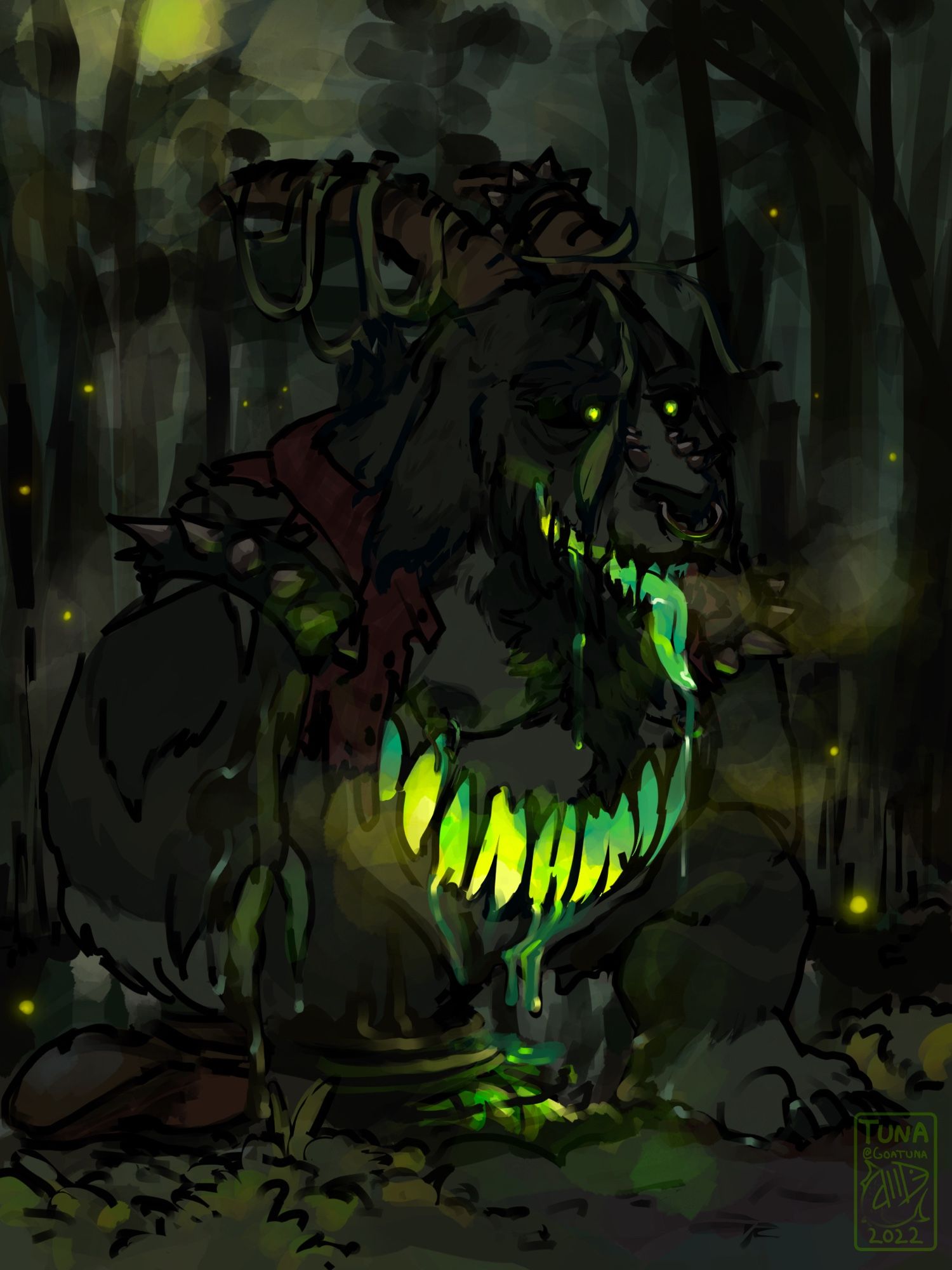 Dark and gloomy scene of a monstrous goat creature with glowing green belly maw stepping out of a swamp