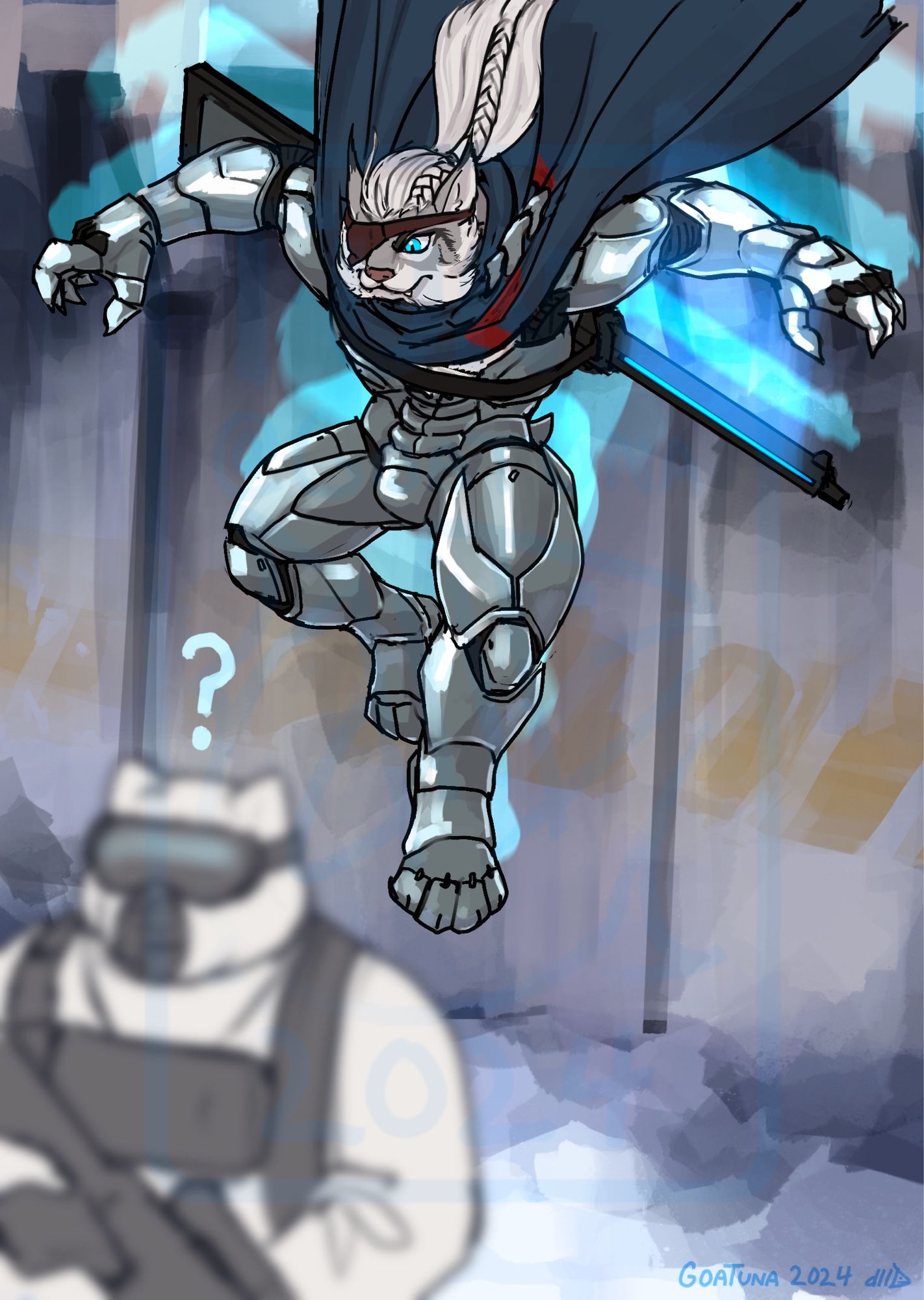 Cybernetic lynx assassin leaping down to knock out some kind of snow base guard