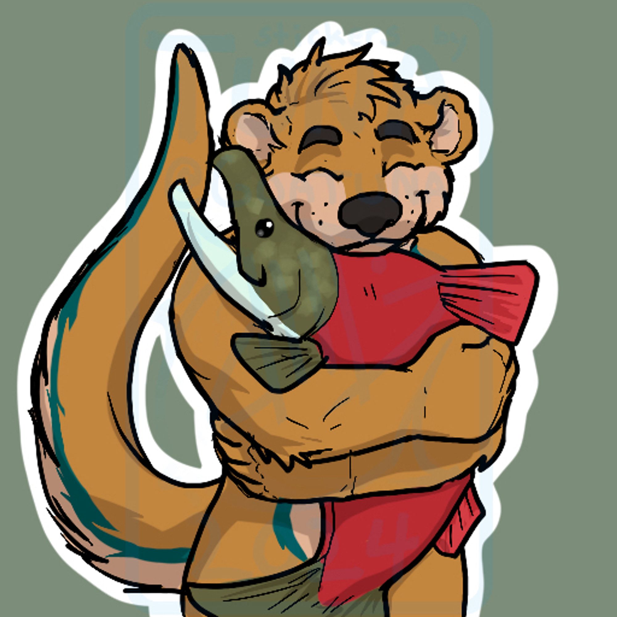 Otter hugging a sockeye salmon plush