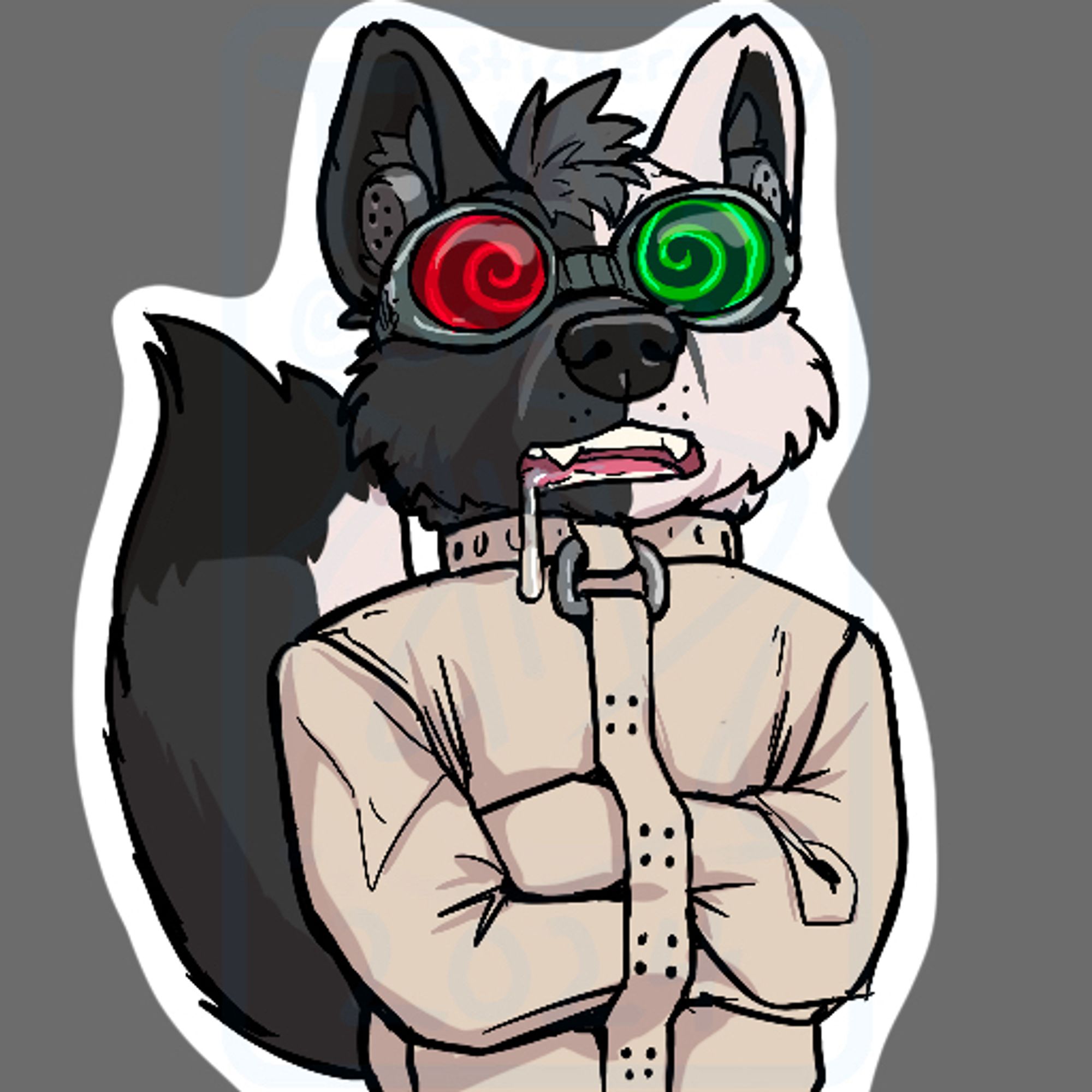 Grey and white fox trapped in a straight jacket with red and green hypno goggles