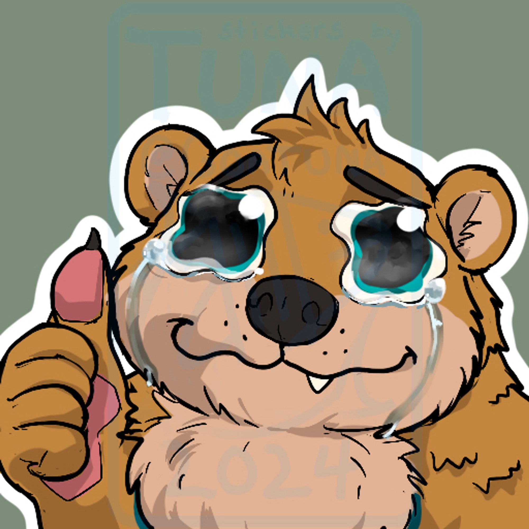 Scrungly otter giving a thumbs up while tears stream down his face