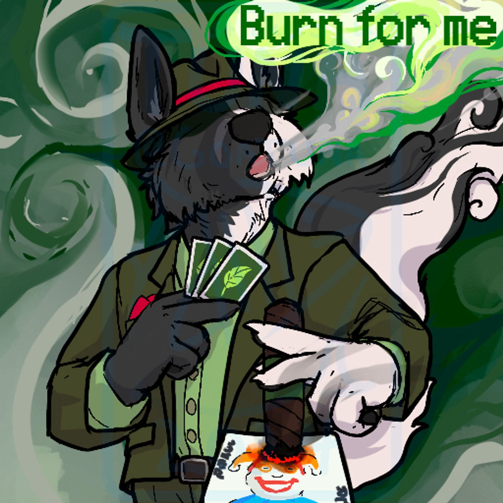 Gray and white fox in an olive and mint suit blowing smoking and burning a joker card with his cigar