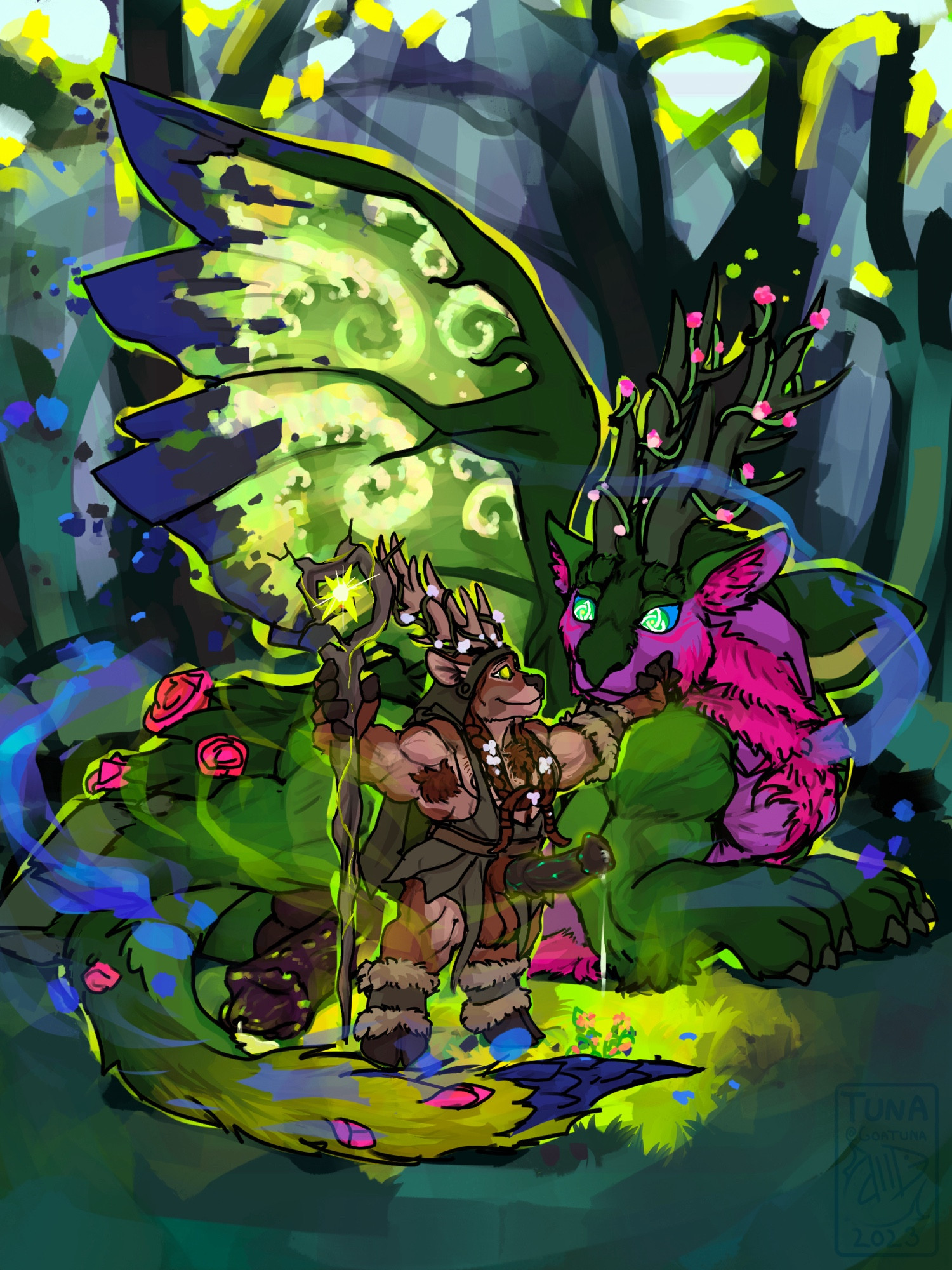 Deer druid glowing and throbbing with nature might, gently holding the chin of Halycon the dragon, transformed into a beefier and more verdant form than his previous one