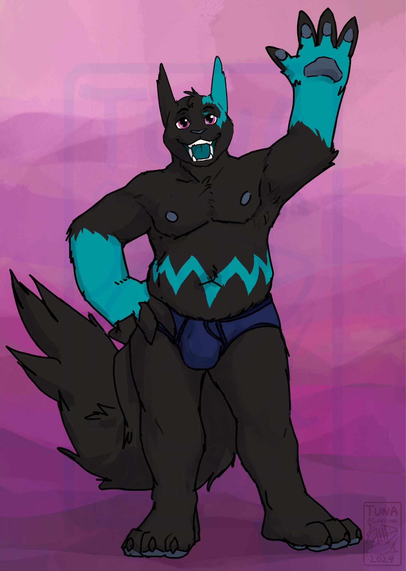 Black and teal Zangoose (3rd gen normal type mammal pokemon) in dark blue briefs