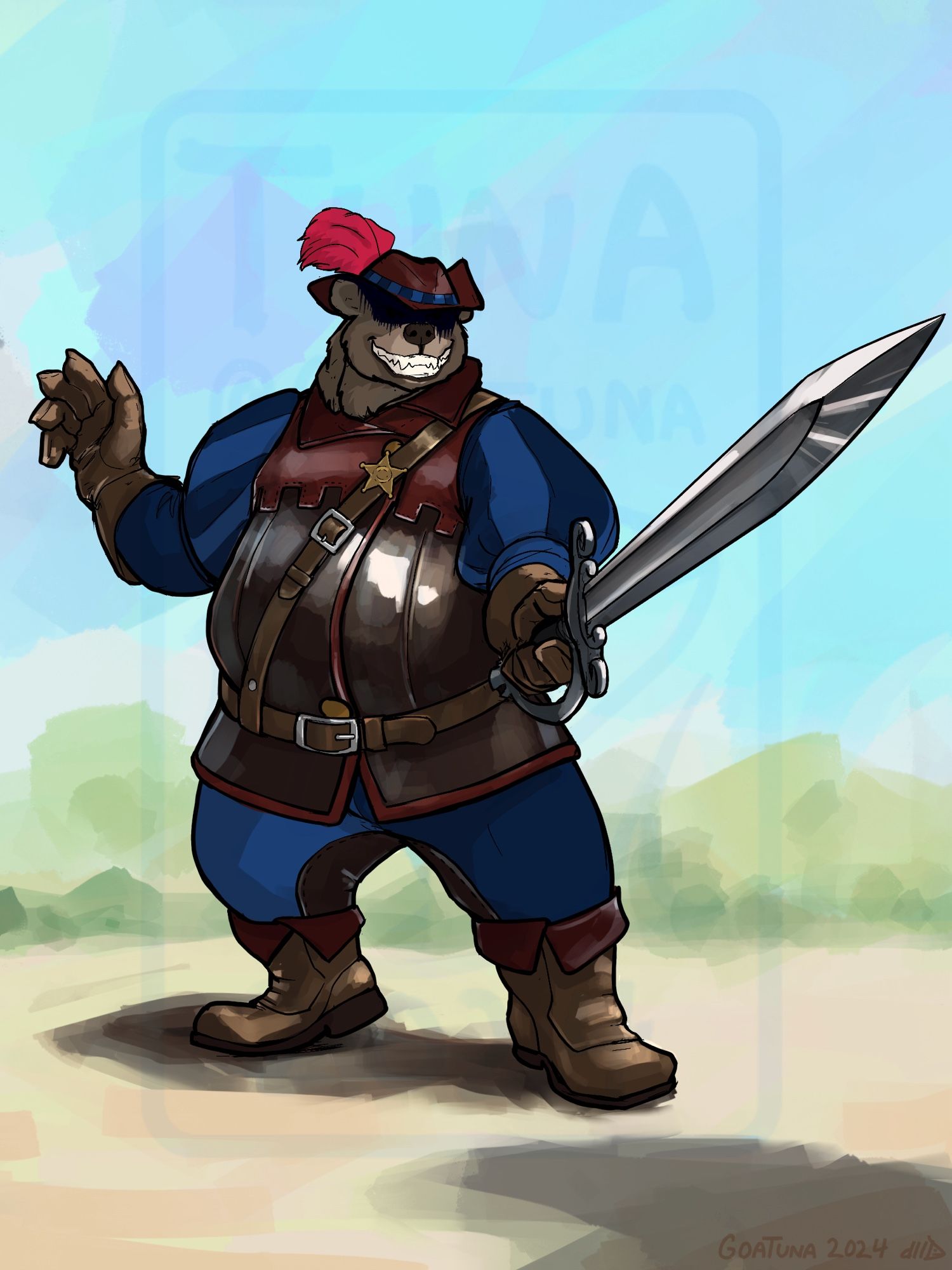 Leather bear with shaded eyes brandishing a sword