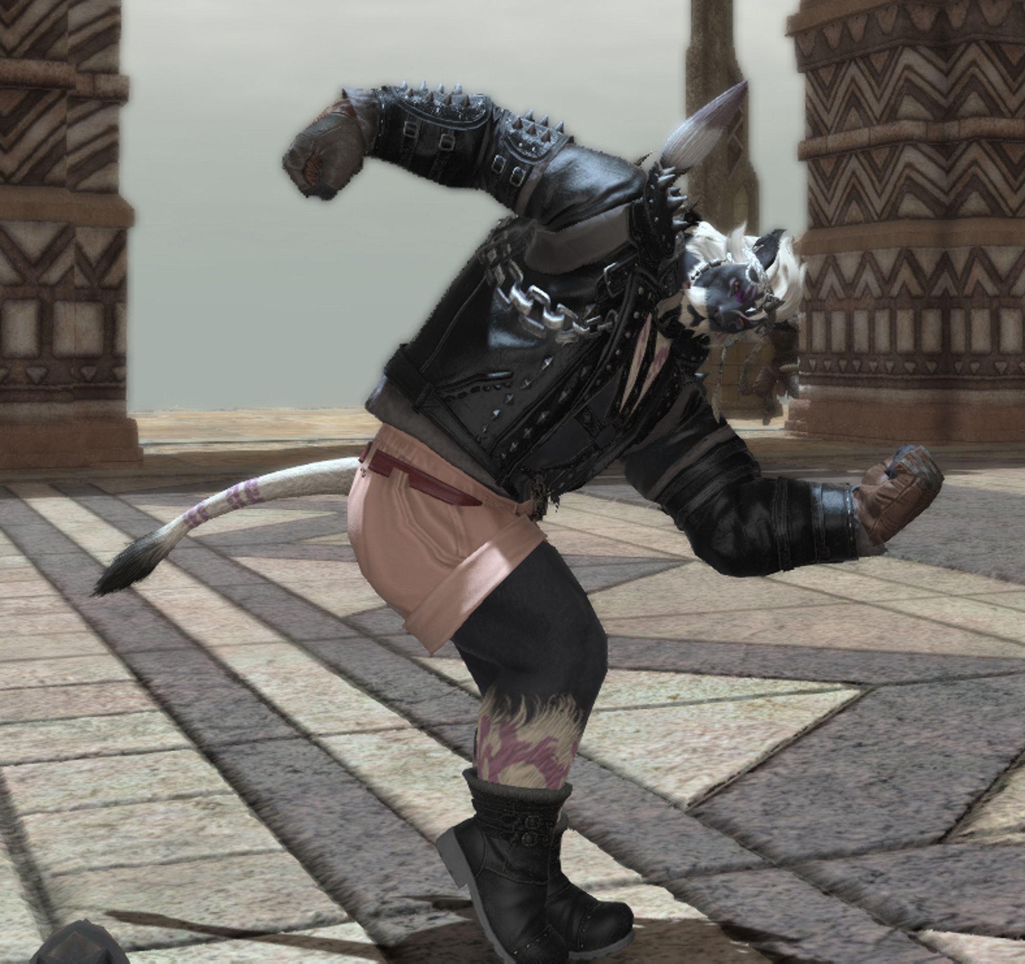 FFXIV screenshot of big cat dad flexing while wearing a spiked leather jacket and little gay boat shorts