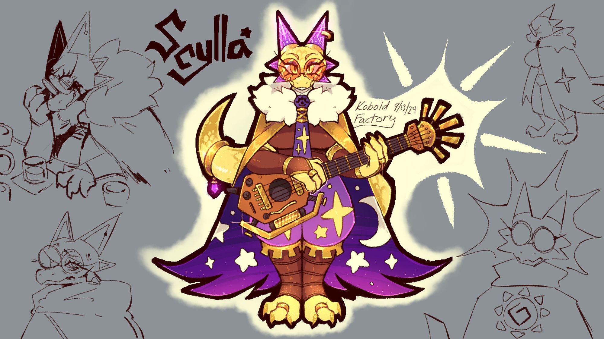 A golden scaled kobold with purple crystalline horns wearing flashy gold and purple robes, adorned with stars and glitter. She carries a mechanical lute-like instrument.