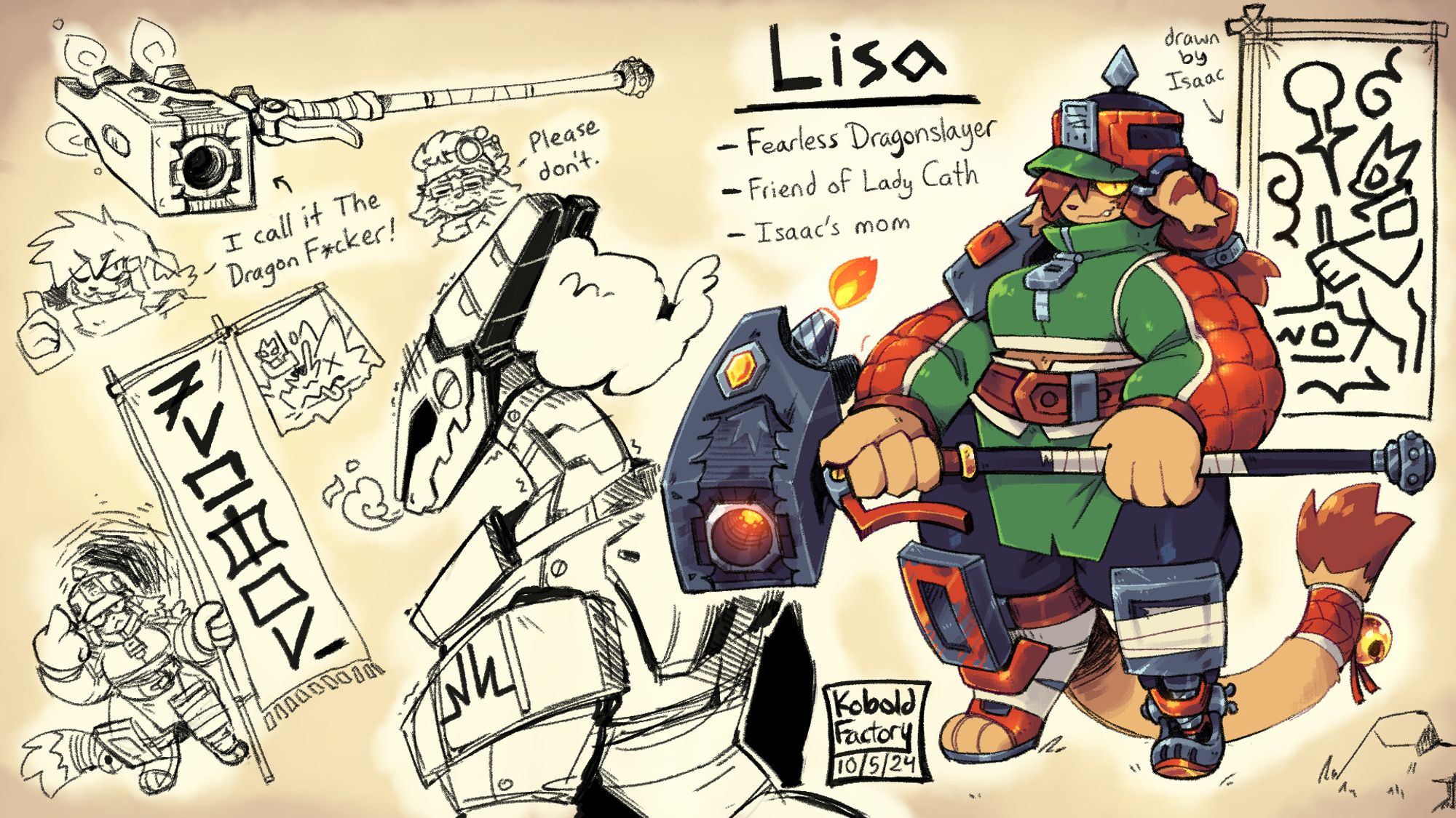 Lisa is a short cat person with orange-brown fur dressed in a bulky red green and grey outfit adorned with a spiked helmet and various other armor pieces. She wields a massive two-handed hammer that has rockets on the back of it and a barrel on the front indicating it is rocket propelled and can fire projectiles. She is described as a Fearless Dragonslayer, a friend of "Lady Cath" and the mother of Isaac.