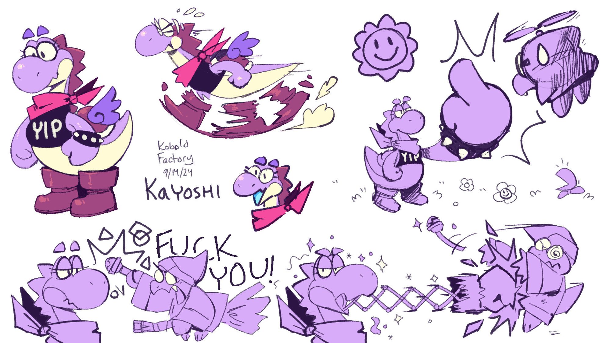 my sona as a yoshi. it is purple with a pink scarf and black tank top with the word "YIP" printed on it