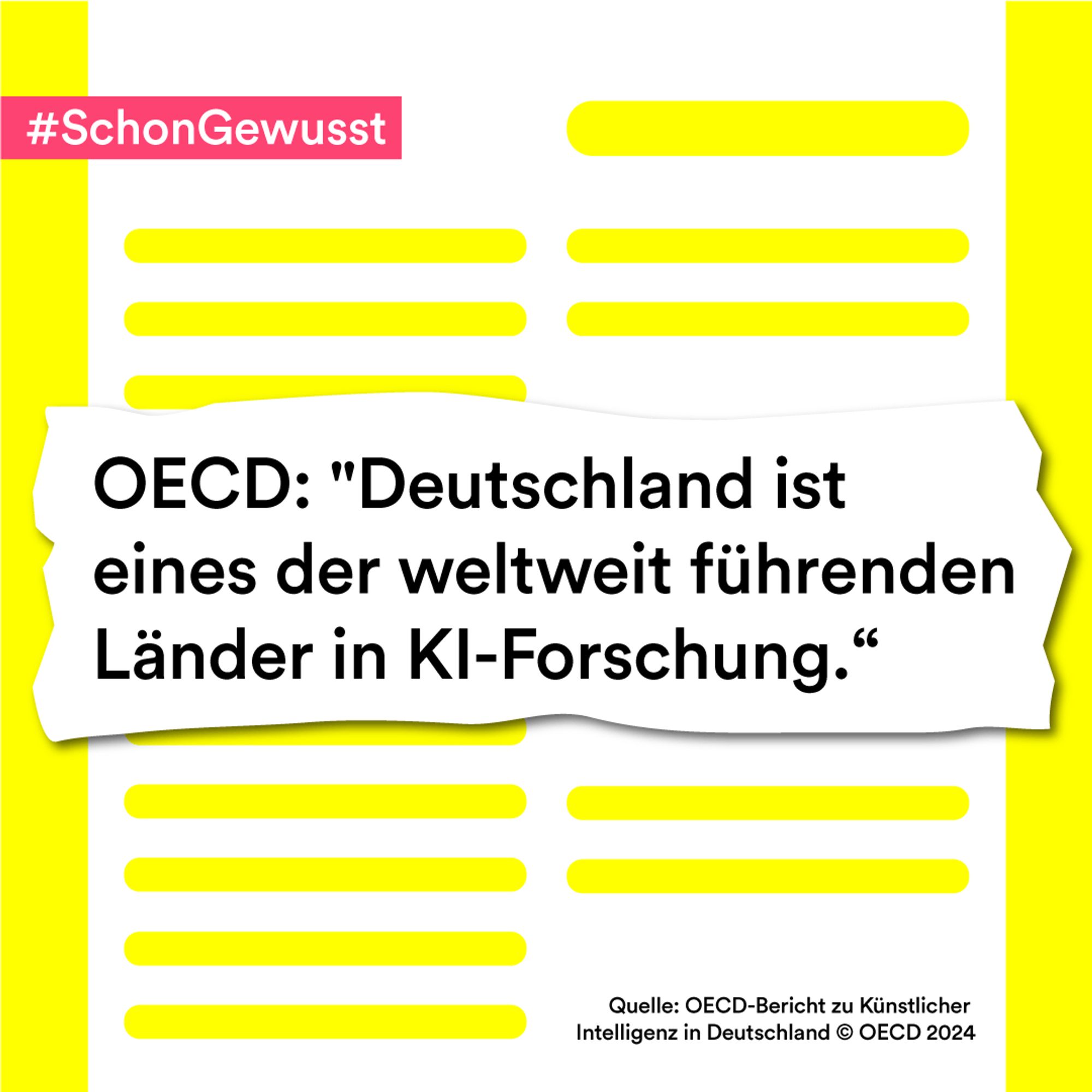 Auf der Grafik steht ein Zitat der OECD: "Deutschland ist eines der weltweit führenden Länder in KI-Forschung." Oben links steht der Formatname: Schon gewusst? Unten rechts ist die Quellenangabe: OECD-Bericht zu Künstlicher Intelligenz in Deutschland. Die Grafik ist im Stil einer Zeitungsseite.